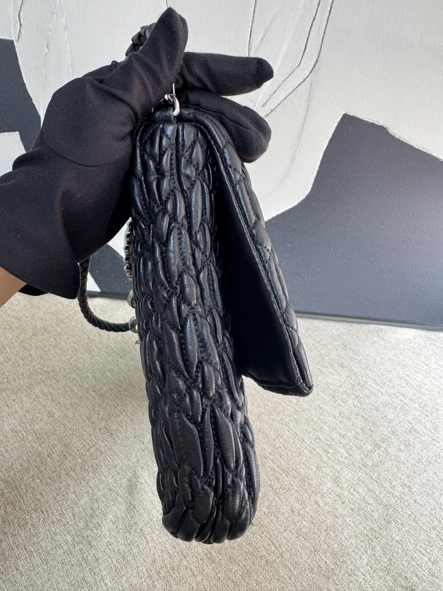 Miu Miu - Matelassé Crystal Chain Bag - Lambskin leather - Black - (Large)