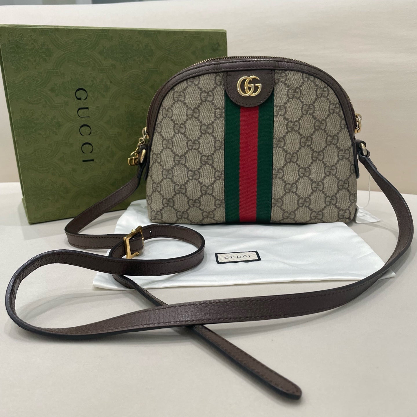 Gucci - Ophidia GG Small Shoulder Bag - GG Supreme canvas with leather trim - Beige and Ebony with Brown trim - (small)