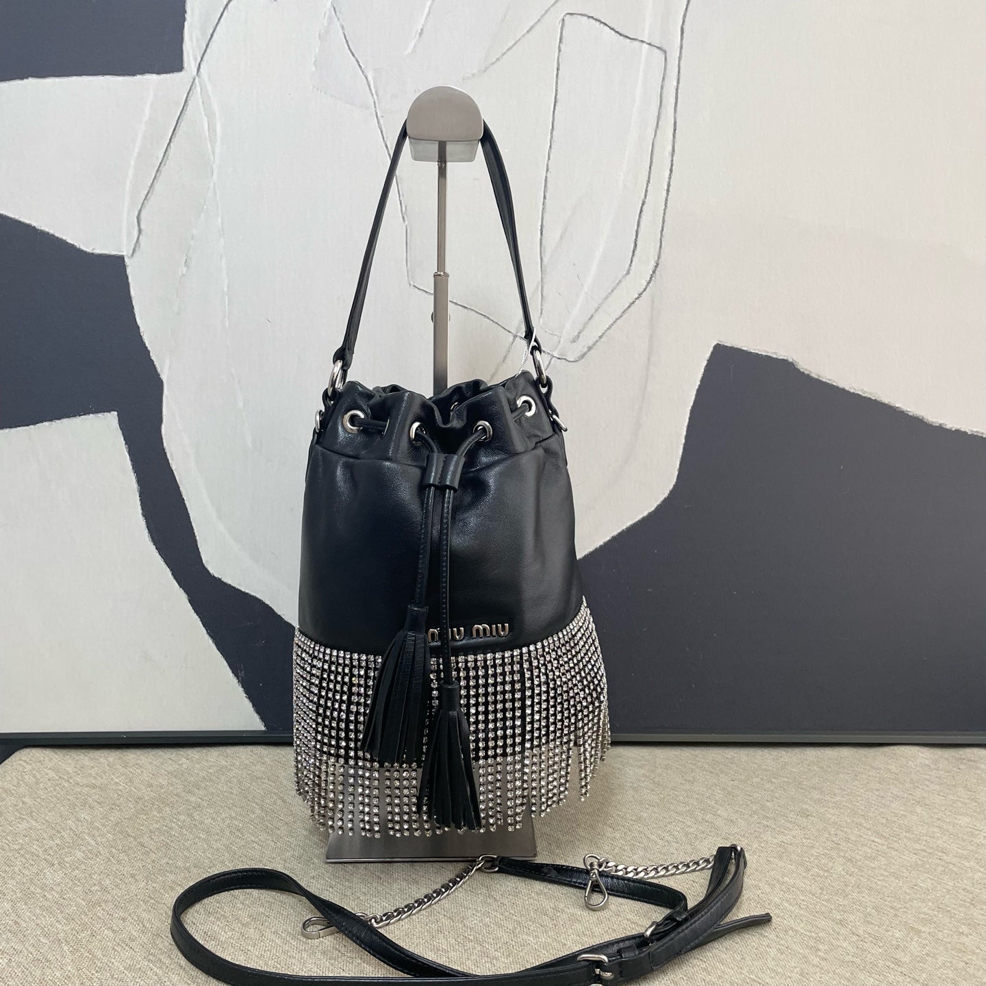 Miu Miu - Rhinestone Tassel Bucket Bag - Lambskin leather with rhinestone embellishment - Black - (mini)