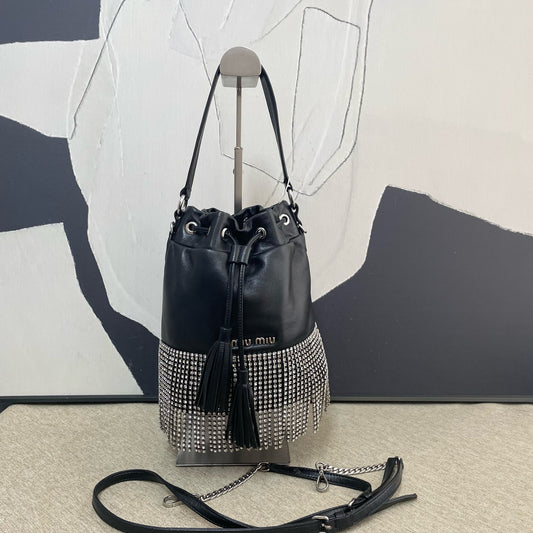 Miu Miu - Rhinestone Tassel Bucket Bag - Lambskin leather with rhinestone embellishment - Black - (mini)