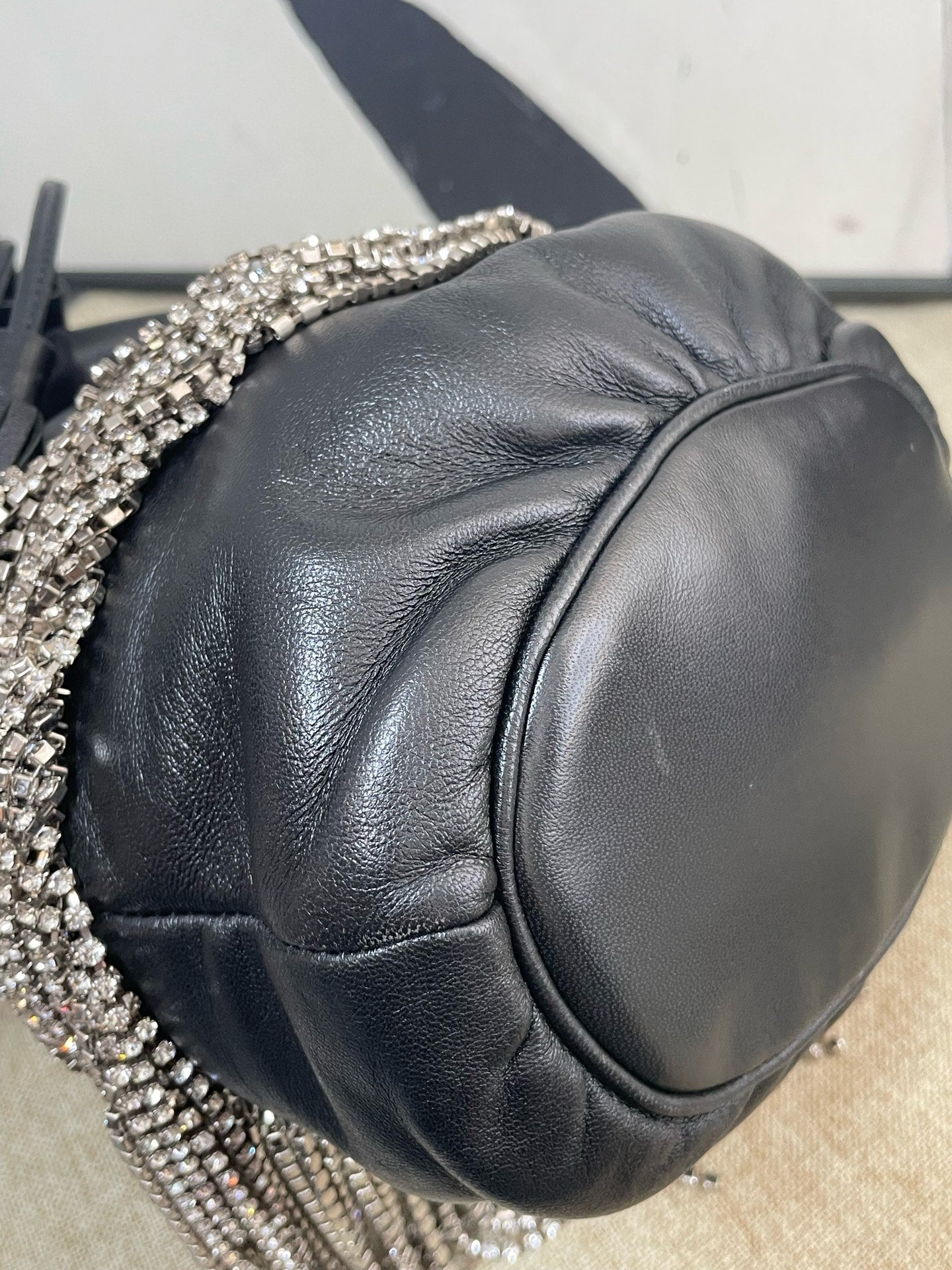 Miu Miu - Rhinestone Tassel Bucket Bag - Lambskin leather with rhinestone embellishment - Black - (mini)