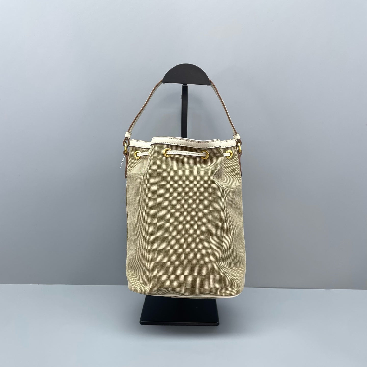 Prada - Drawstring Bucket Bag - Canvas with leather trim - Beige - (Small)