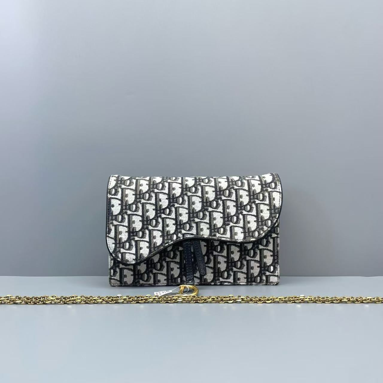 Dior - Saddle Wallet on Chain (WOC) - Oblique canvas with black calfskin leather trim - Black and White - (mini)