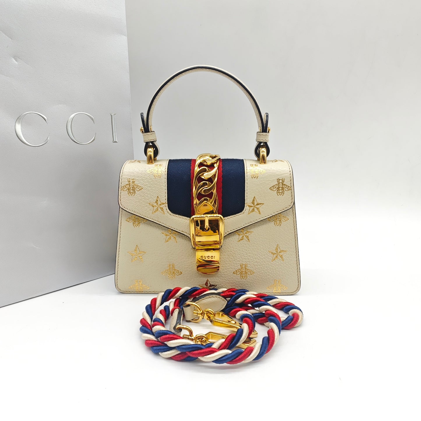 Gucci - Sylvie Small Bee and Star - Grained leather - White - (small)
