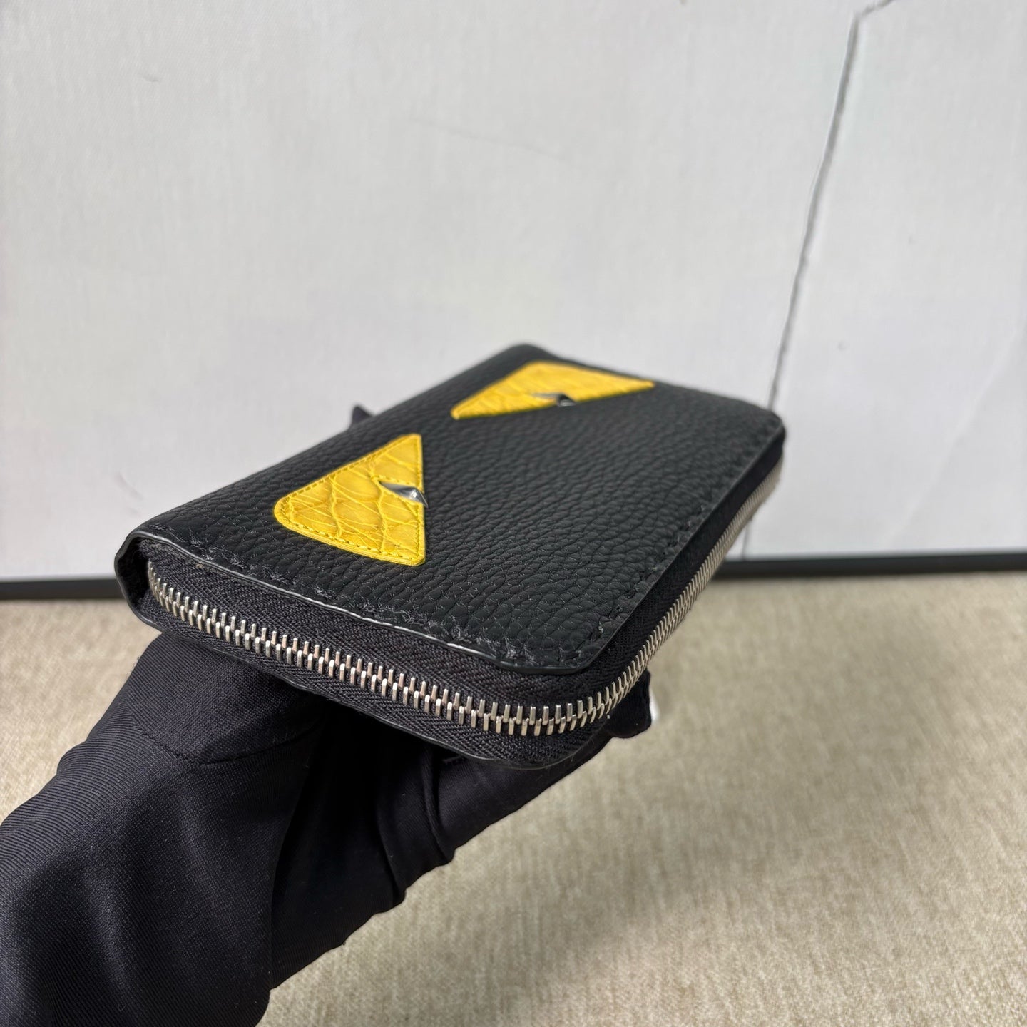 Fendi - Bag Bugs Monster Zip-Around Wallet (7M0210-A3DL-F0R2A) - Pebbled leather and exotic crocodile leather - Black and Yellow - (Medium)