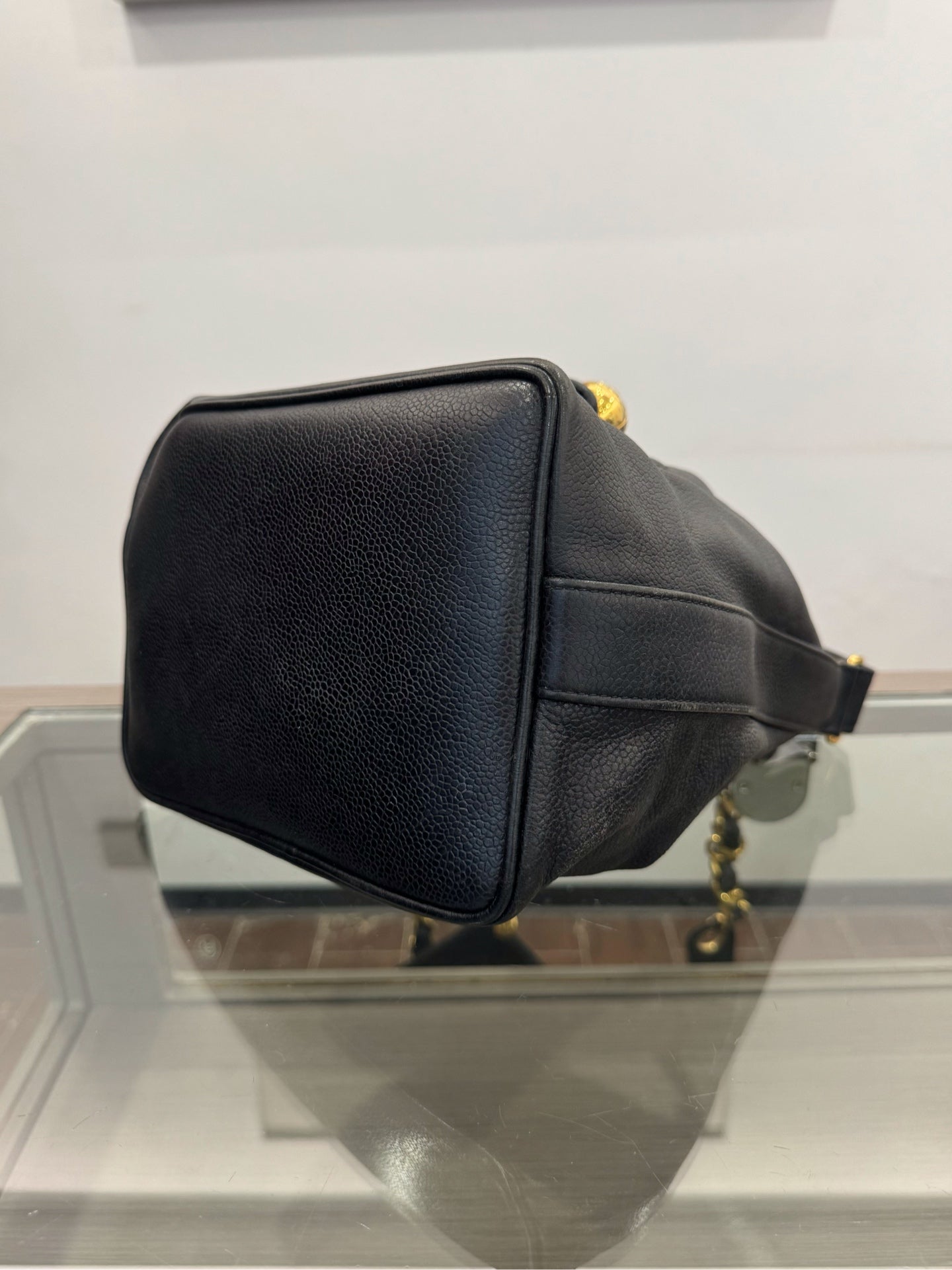 Chanel - Drawstring Bucket Bag with Gold Ball Charms - Grained leather - Black - (small)