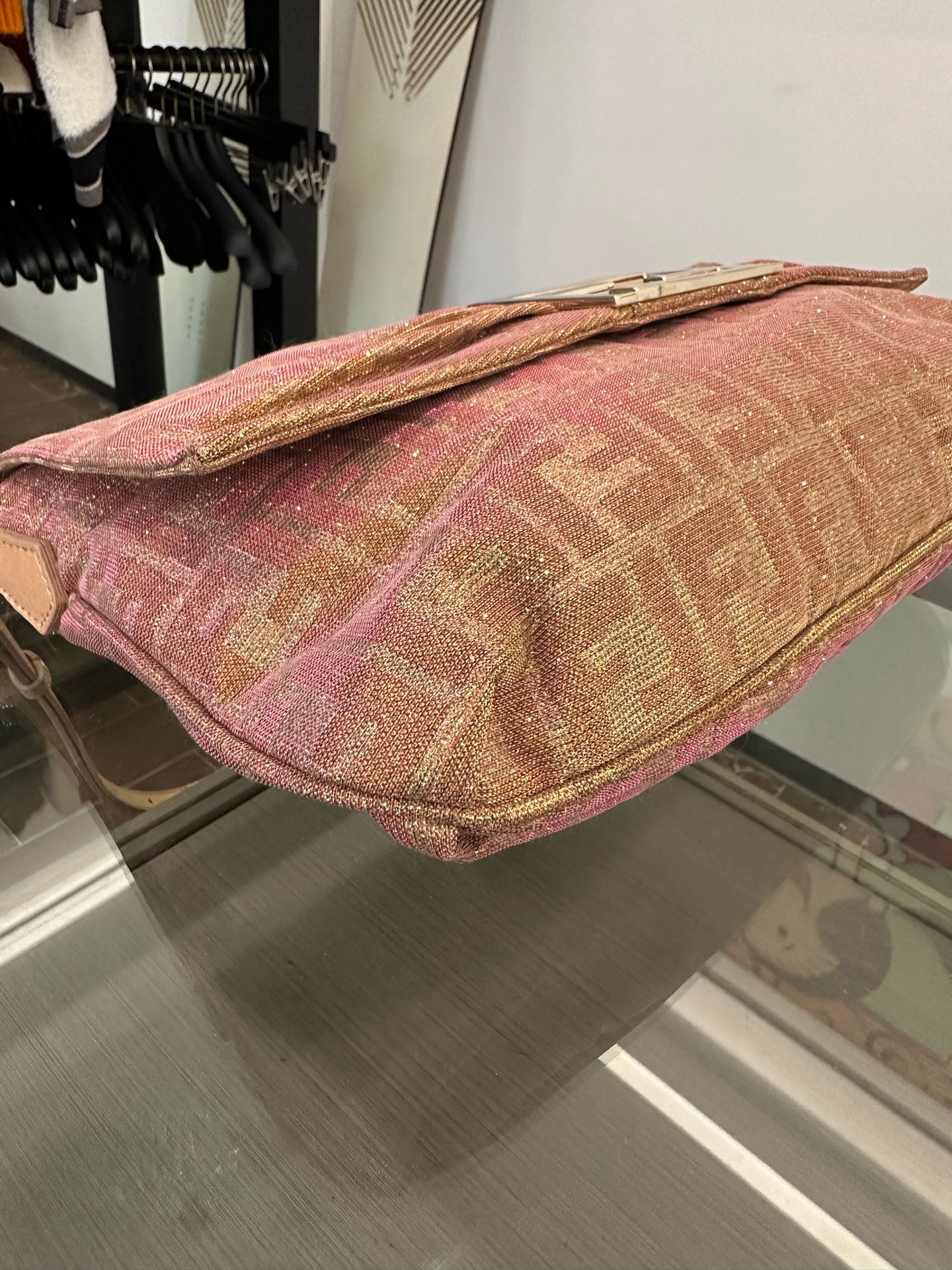 Fendi - Zucca Glitter Shoulder Bag - Glitter-coated canvas with leather trim - Pink with Gold glitter - (large)