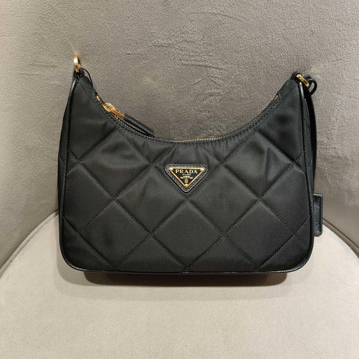 Prada - Re-Edition 1995 Chain Quilted Nylon Handbag - Nylon with Saffiano leather trim - Black with Gold-Tone Hardware - (Small)