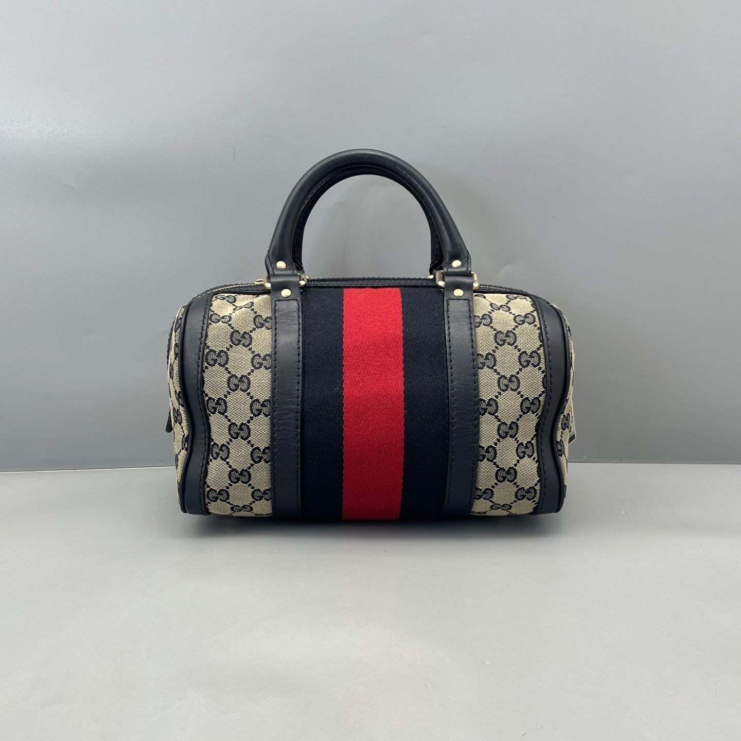 Gucci - GG Monogram Boston Bag with Web Stripe - Canvas with Leather trim - Beige and Blue - (Small)