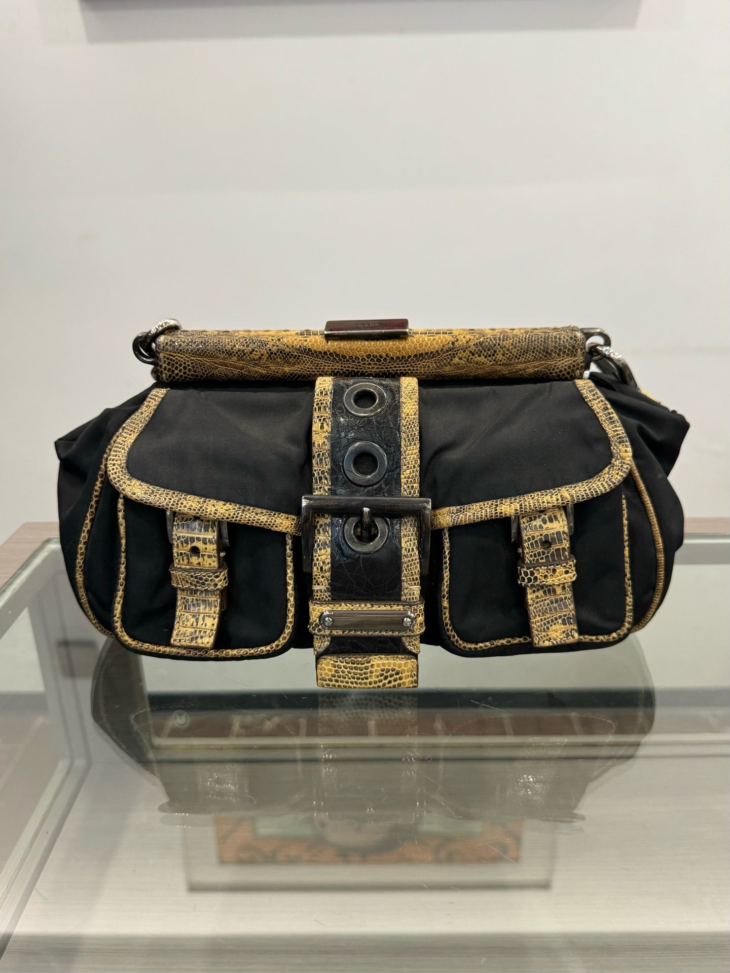 Prada - Lizard Trim Parachute Shoulder Bag - Polyamide nylon with exotic lizard leather patchwork - Black and Multicolour - (medium)