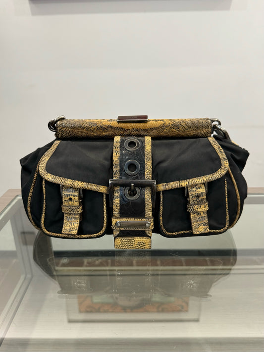 Prada - Lizard Trim Parachute Shoulder Bag - Polyamide nylon with exotic lizard leather patchwork - Black and Multicolour - (medium)
