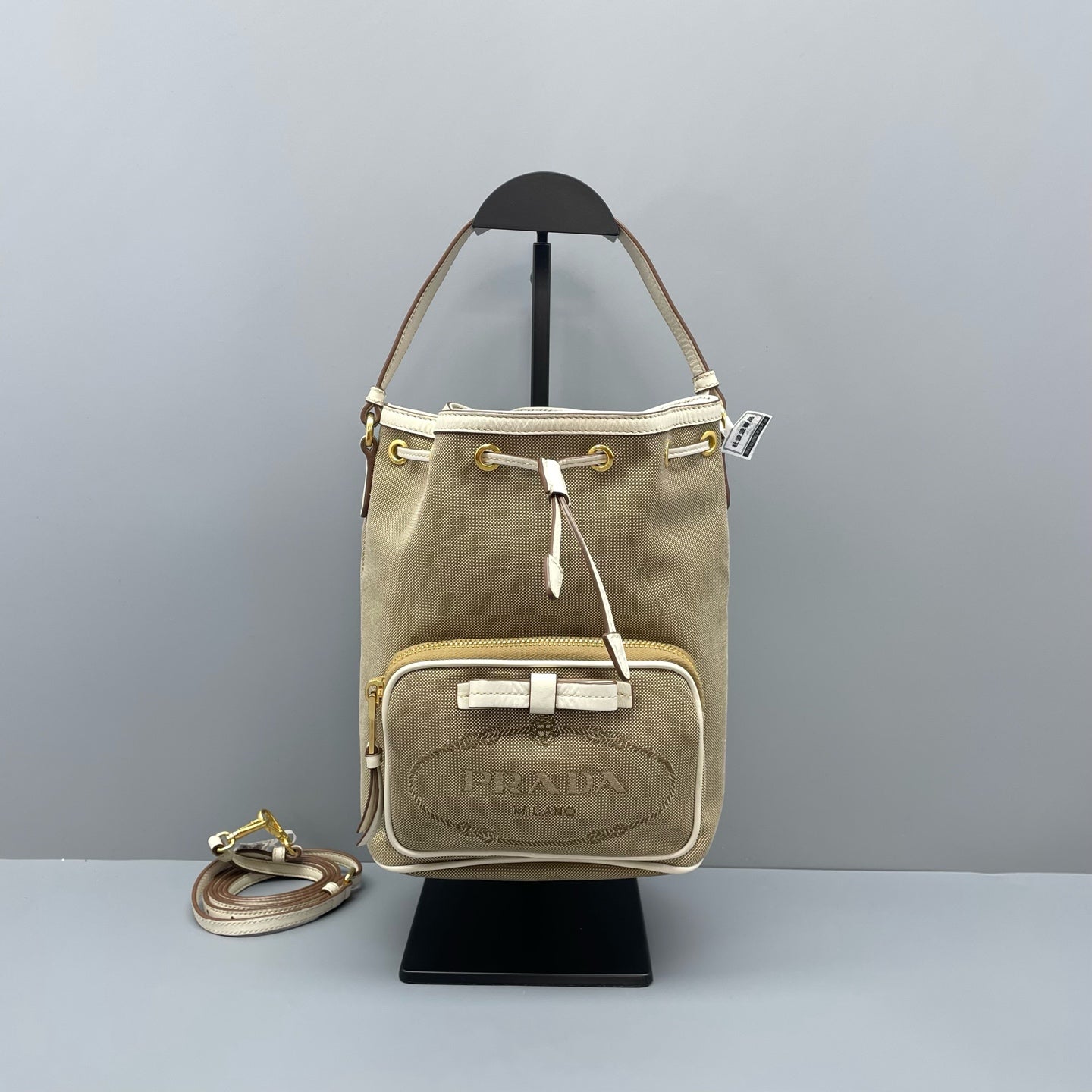 Prada - Drawstring Bucket Bag - Canvas with leather trim - Beige - (Small)