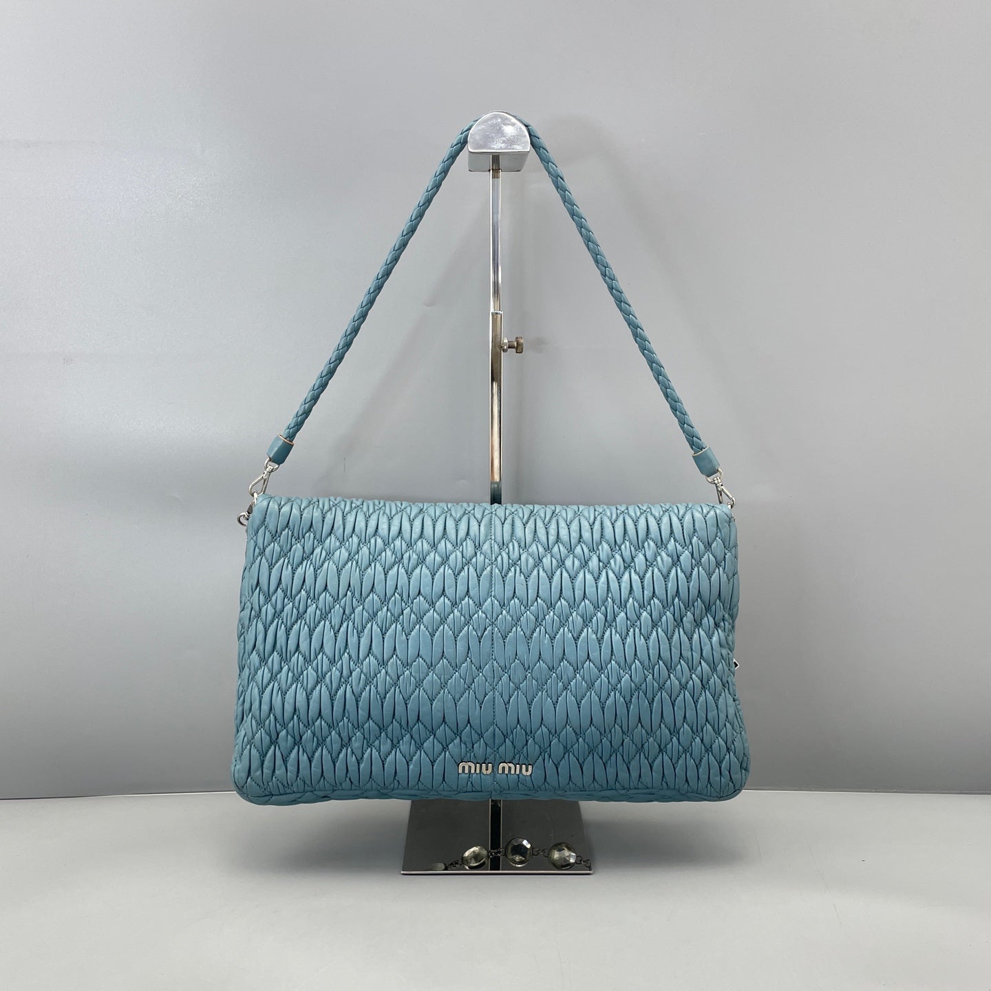 Miu Miu - Matelassé Gemstone Chain Pleated Bag - Leather - Blue - (medium)
