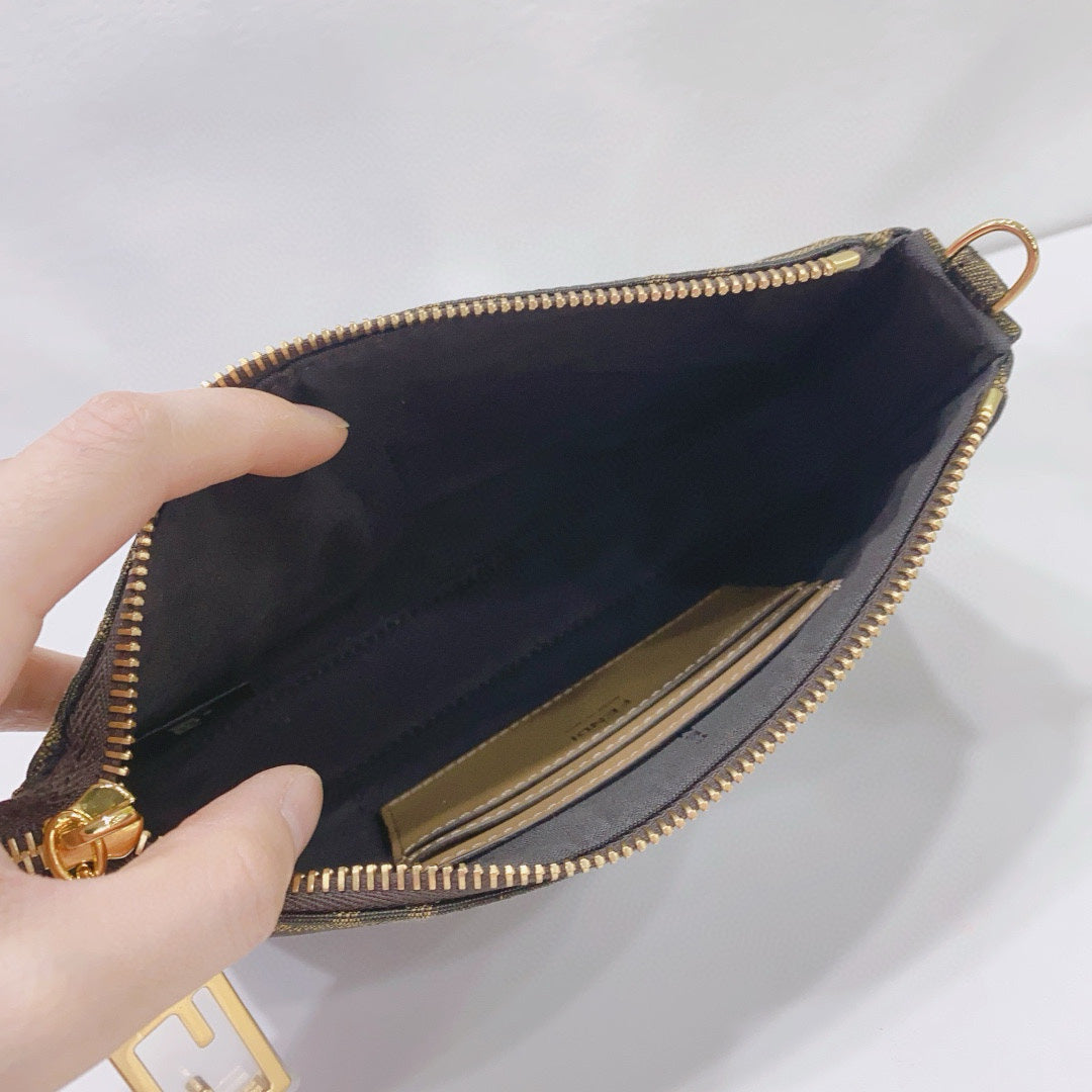 Fendi - Baguette Pouch - Jacquard canvas with leather trim - Brown - (mini)