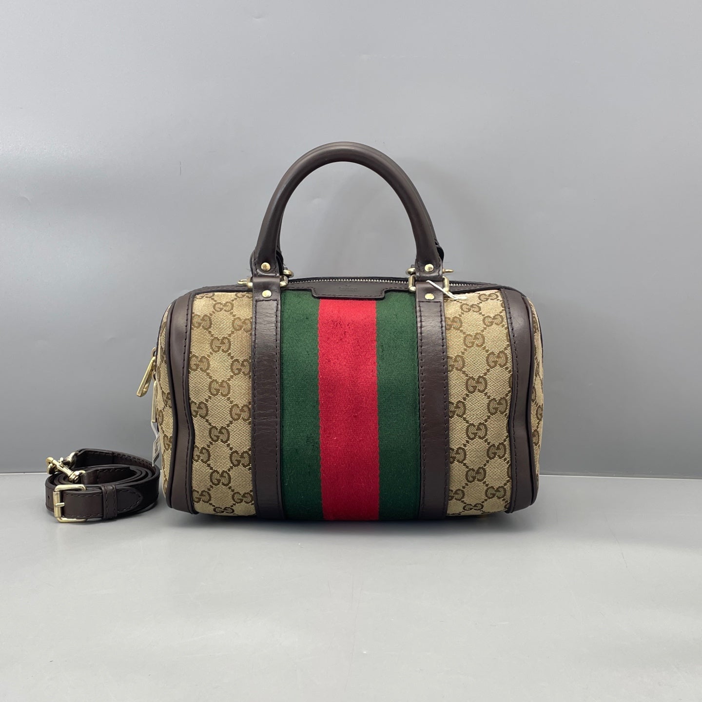 Gucci - Boston Bag - GG Monogram Coated Canvas with Leather Trim - Beige and Brown with Red and Green Accents - (small)