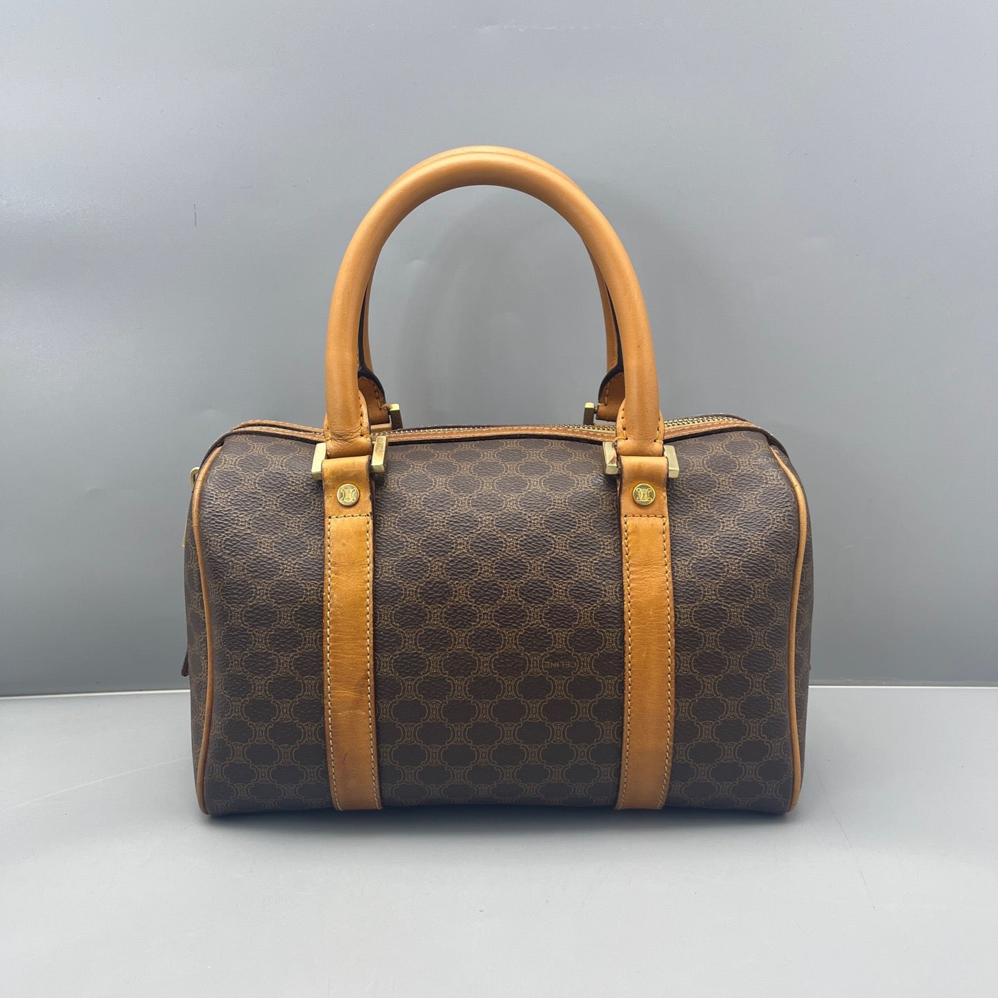 Celine - Boston Bag Small - Triomphe coated canvas with Vachetta leather trim - Brown with tan leather trim - (Small)