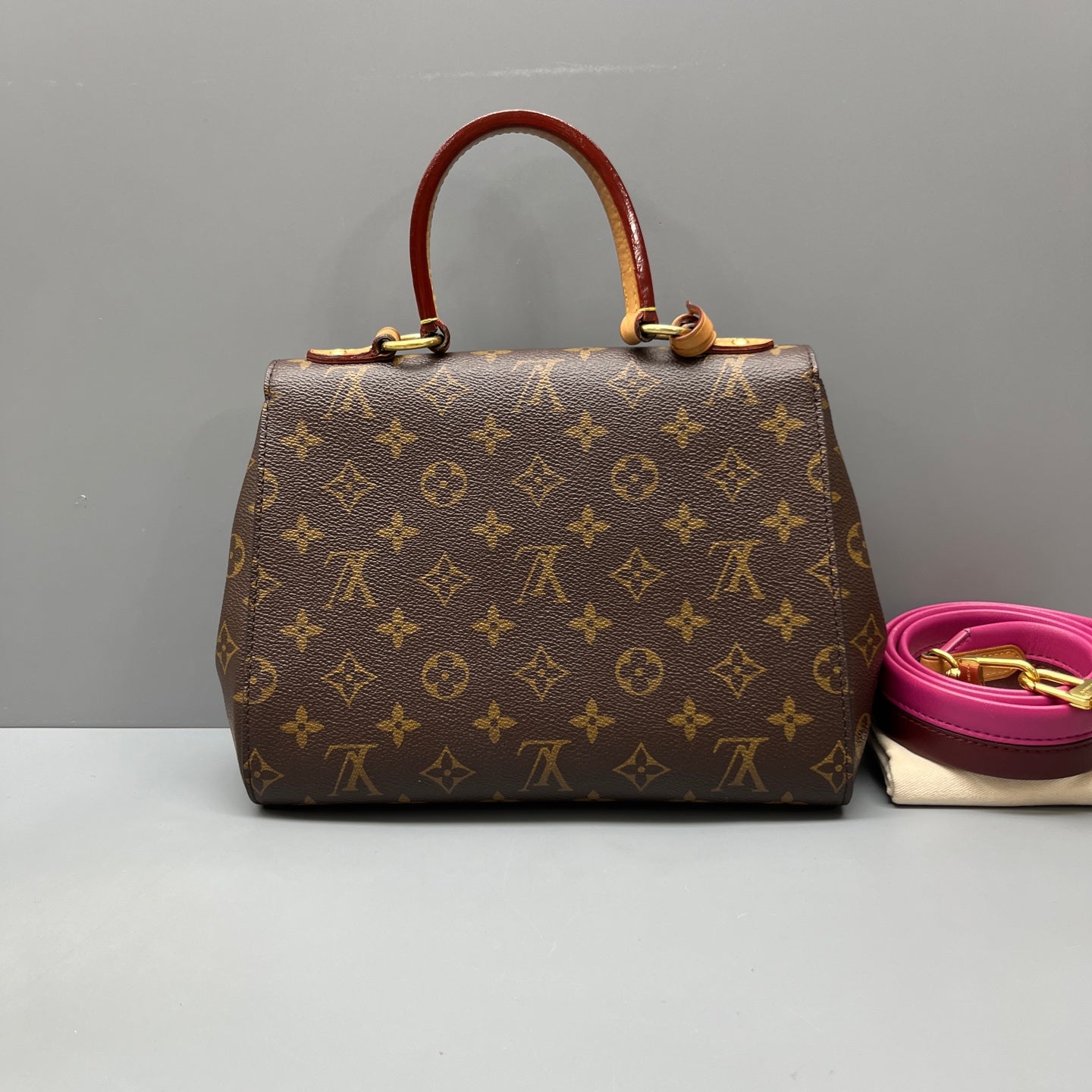 Louis Vuitton - Cluny BB - Monogram coated canvas with leather trim - Brown (Monogram canvas), Fuchsia (strap), Burgundy (strap underside), Natural (Vachetta leather) - (small)
