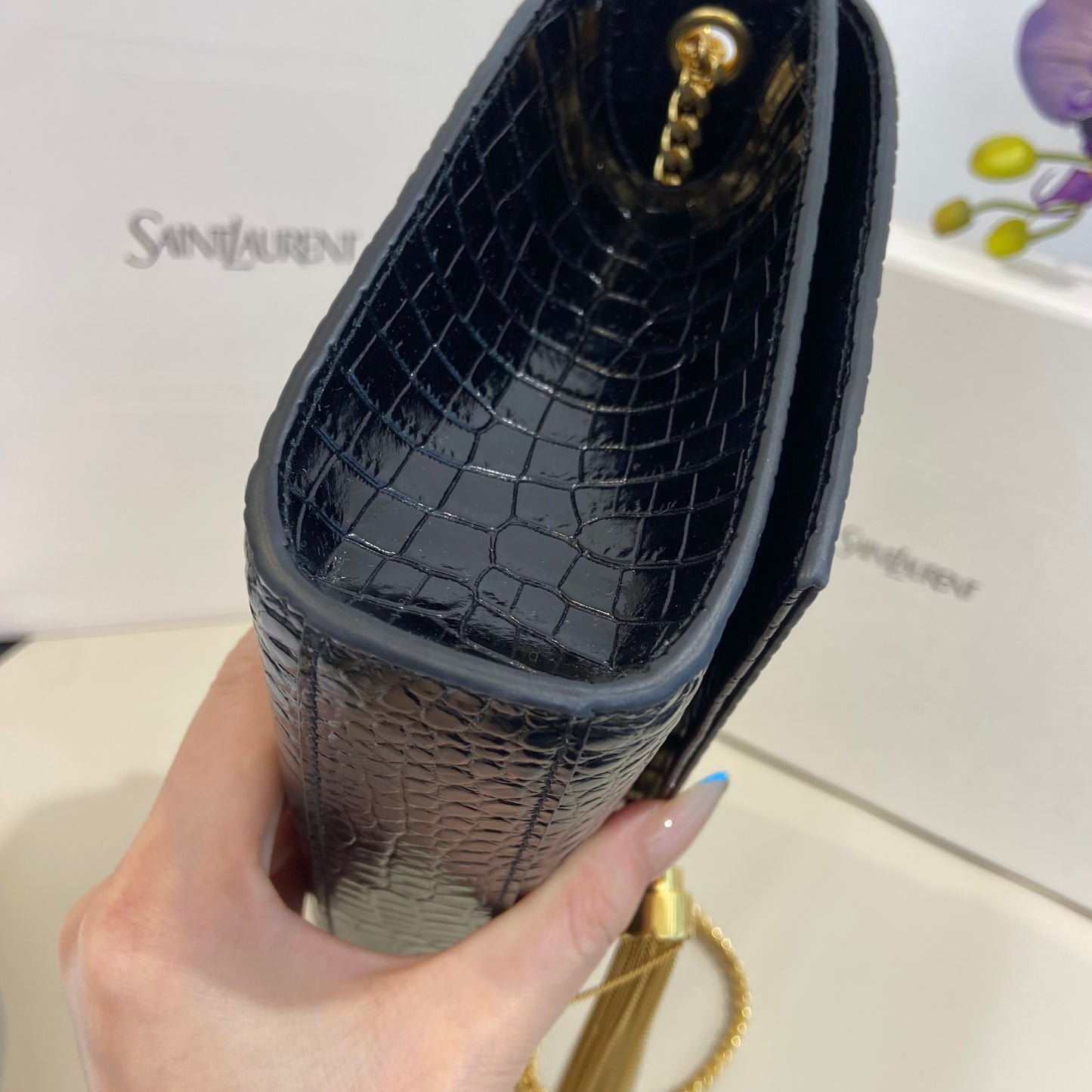 Saint Laurent - Kate Tassel Chain Bag - Cowhide leather with crocodile embossing - Black - (Medium)