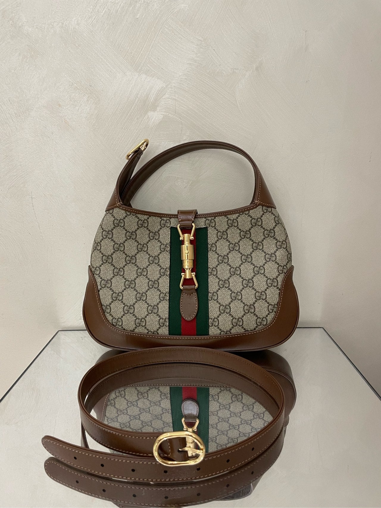 Gucci - Jackie 1961 - GG Supreme canvas with leather trim - Beige with brown accents and green/red web - (small)