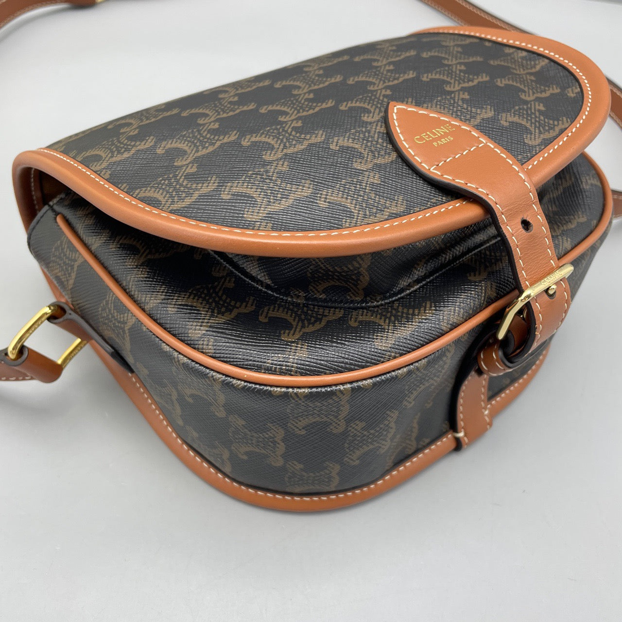 Celine - Triomphe Canvas Saddle Bag - Triomphe coated canvas with tan leather trim - Brown - (mini)