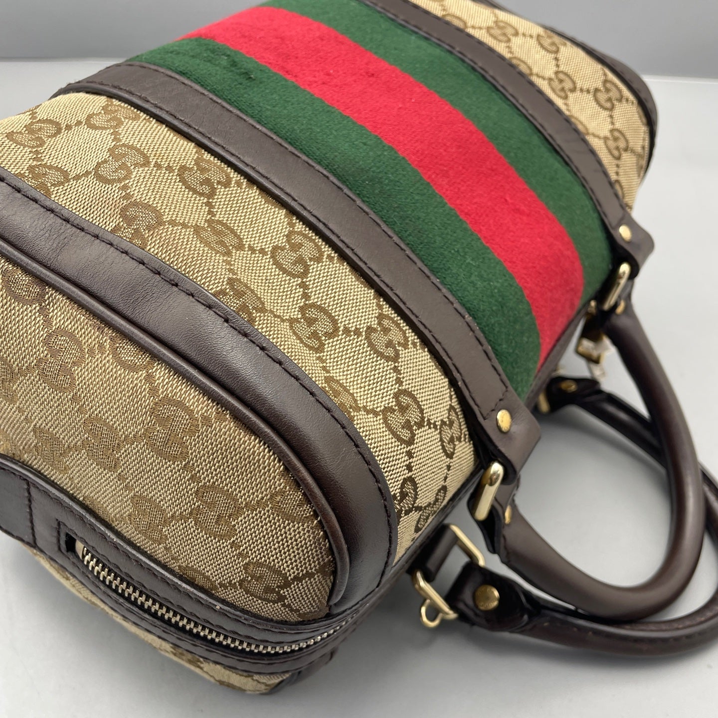 Gucci - Boston Bag - GG Monogram Coated Canvas with Leather Trim - Beige and Brown with Red and Green Accents - (small)
