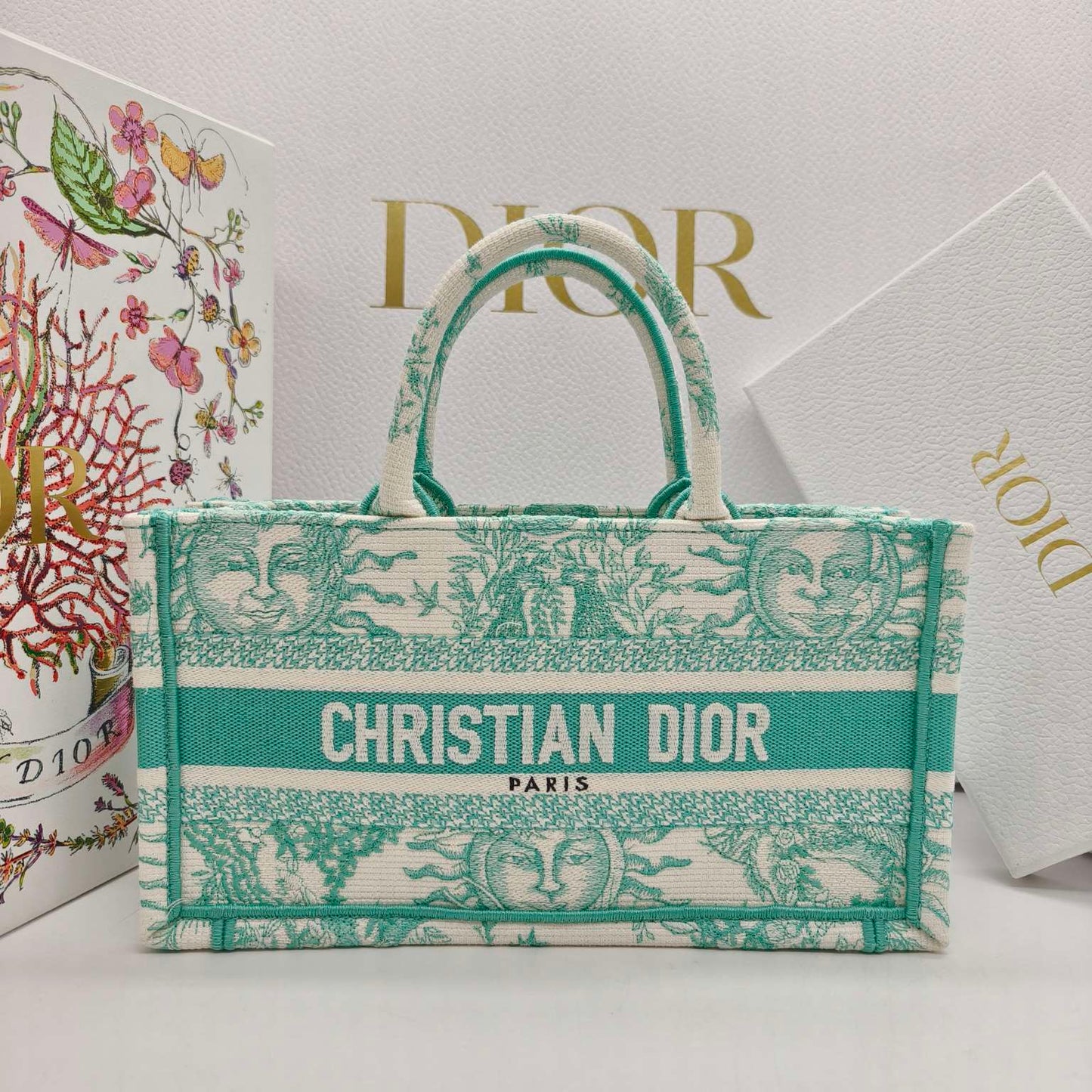 Dior - Dioriviera East West Book Tote - Embroidered canvas - Mint Green and Ecru - (Mini)