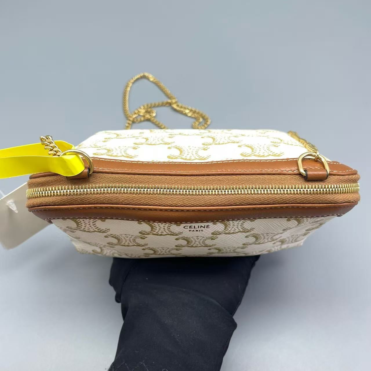 Celine - Triomphe Shell Bag - Triomphe Canvas with leather trim - White and Brown - (mini)