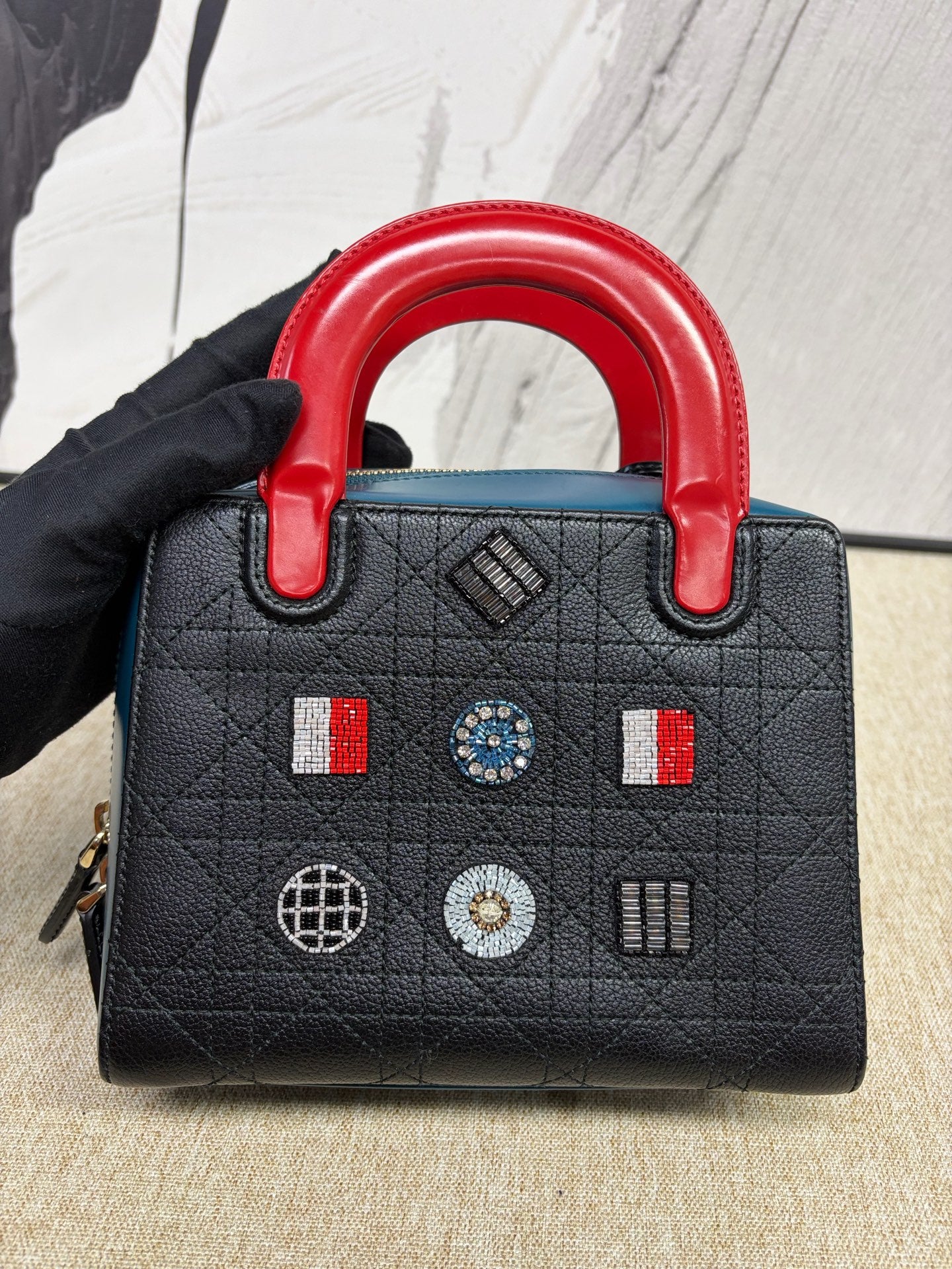 Dior - Lady Dior Mini Christmas Limited Edition Beaded Embroidered - Cowhide leather - Black with Blue side panels and Red handles - (Mini)