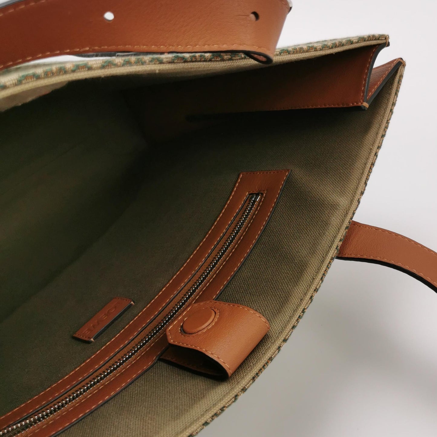 Loewe - Buckle Tote - Canvas with calfskin leather trim - Beige and Green with Brown Leather Trim - (medium)