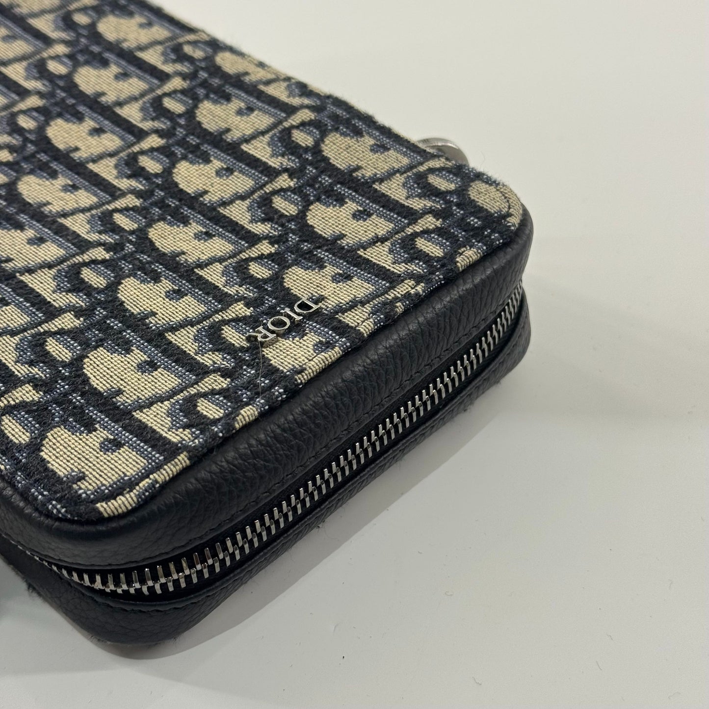 Dior - Oblique Canvas Vertical Phone Pouch - Canvas and Leather - Blue and Beige with Black trim - (mini)