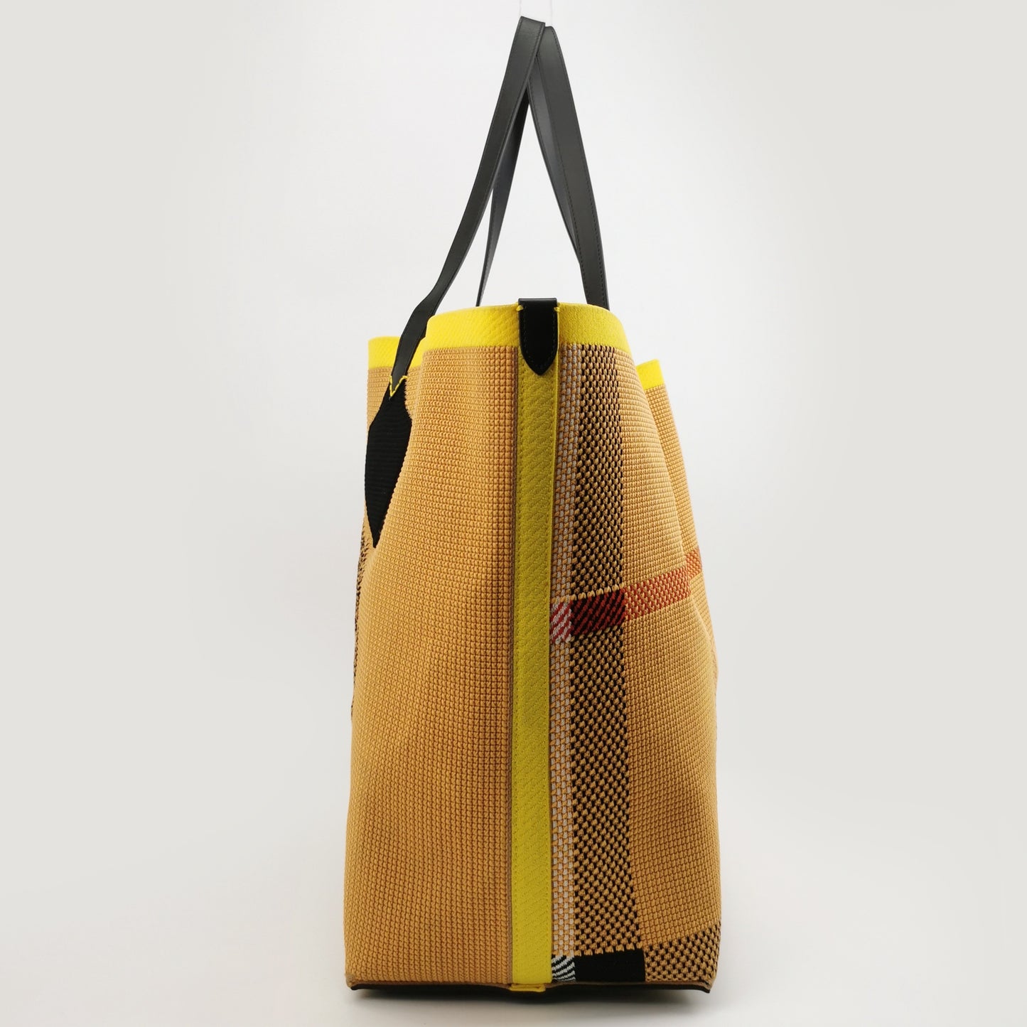 Burberry - Woven Logo and Check Tote Bag - Woven textile and leather - Mustard Yellow, Black, Yellow, Red, and White - (Large)