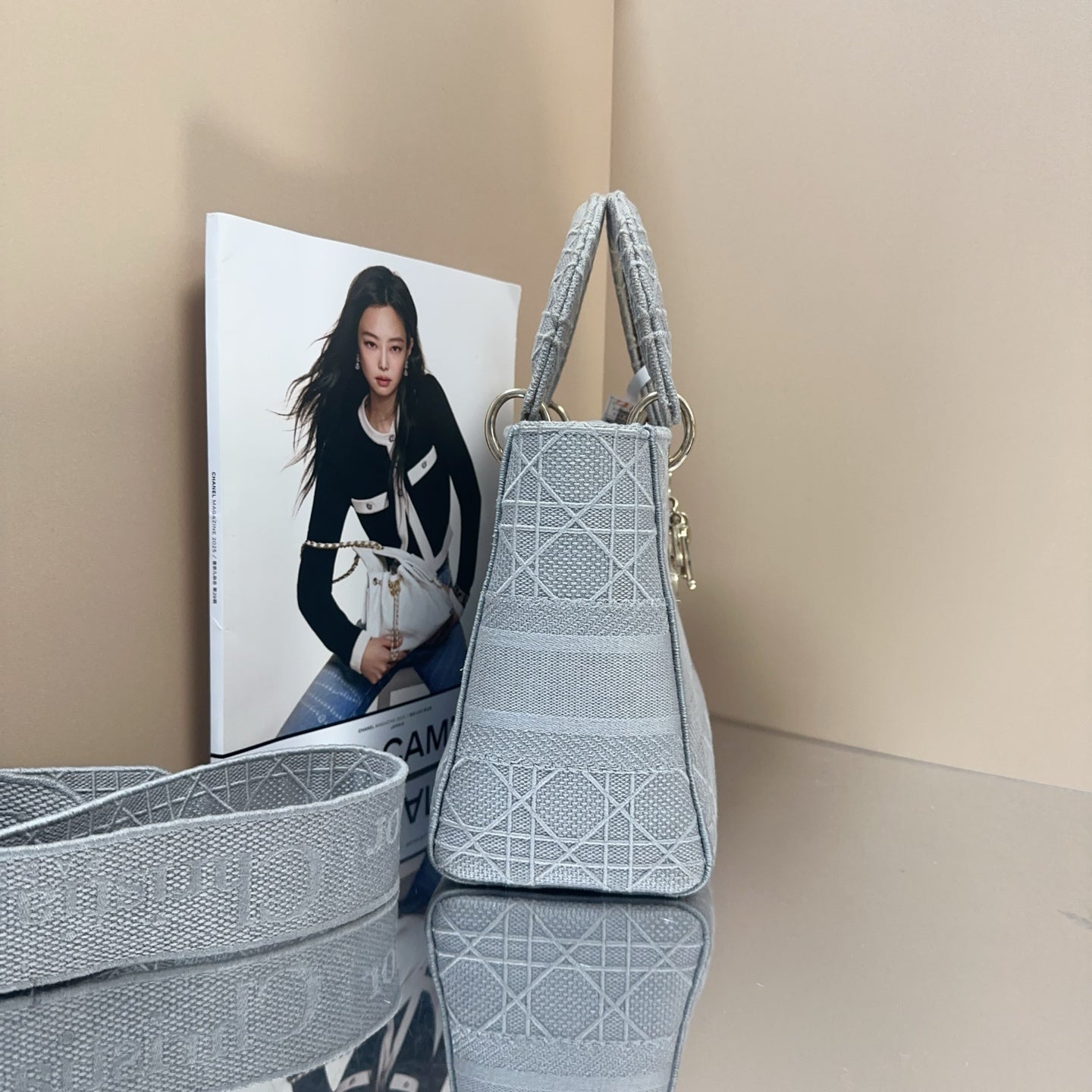 Dior - Lady Dior (Five-Grid Embroidered Series) - Cloth - Grey - (small)
