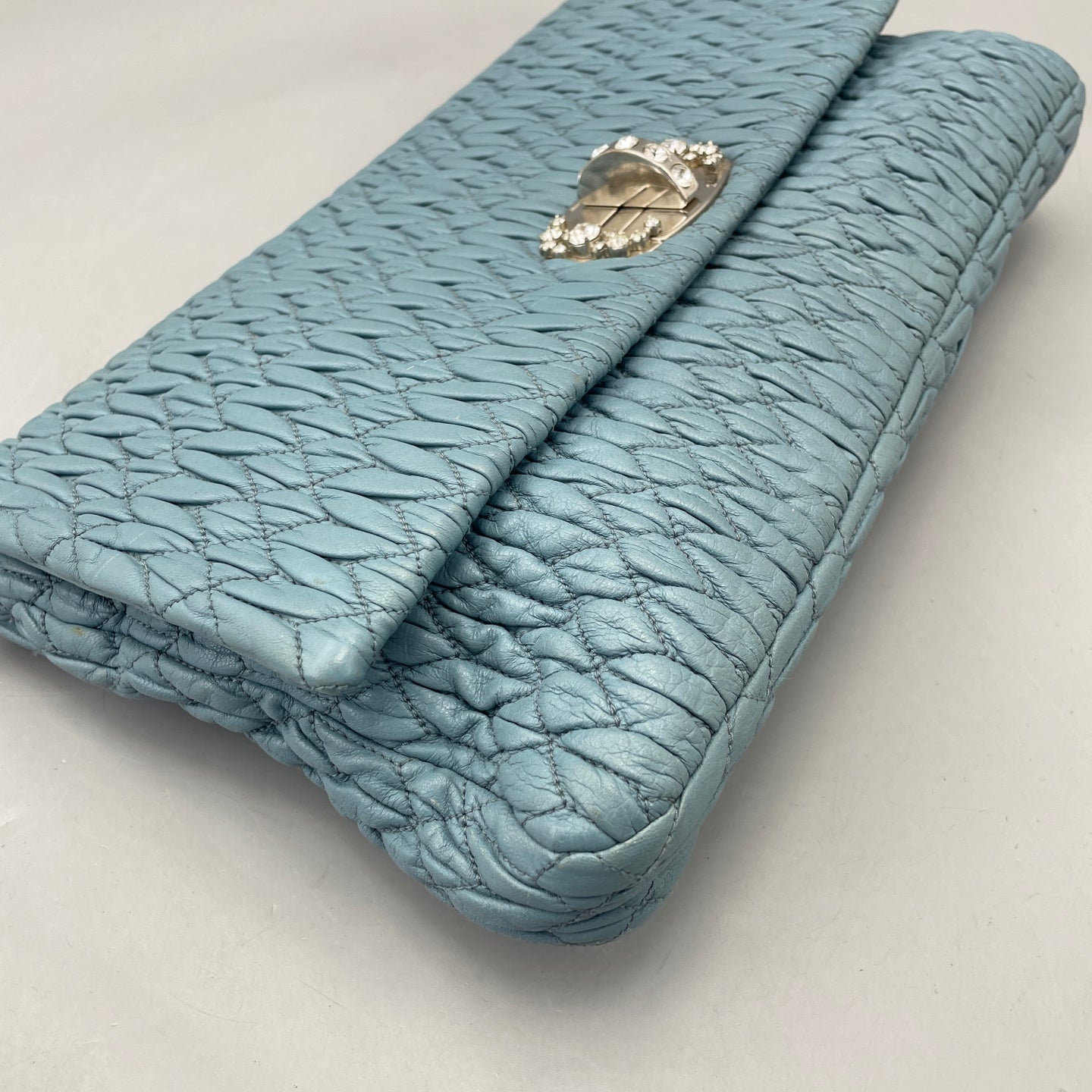 Miu Miu - Matelassé Gemstone Chain Pleated Bag - Leather - Blue - (medium)