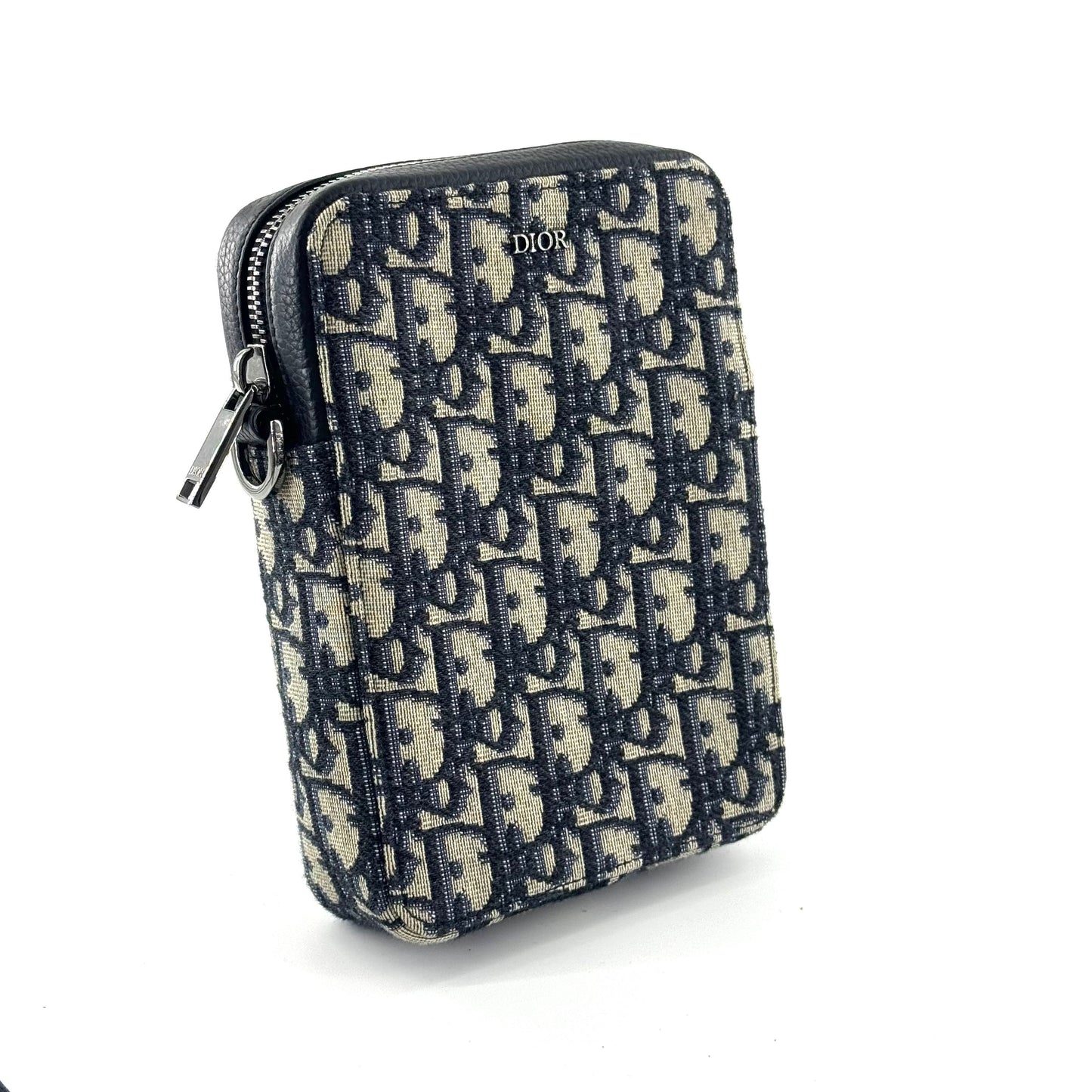 Dior - Oblique Canvas Vertical Phone Pouch - Canvas and Leather - Blue and Beige with Black trim - (mini)