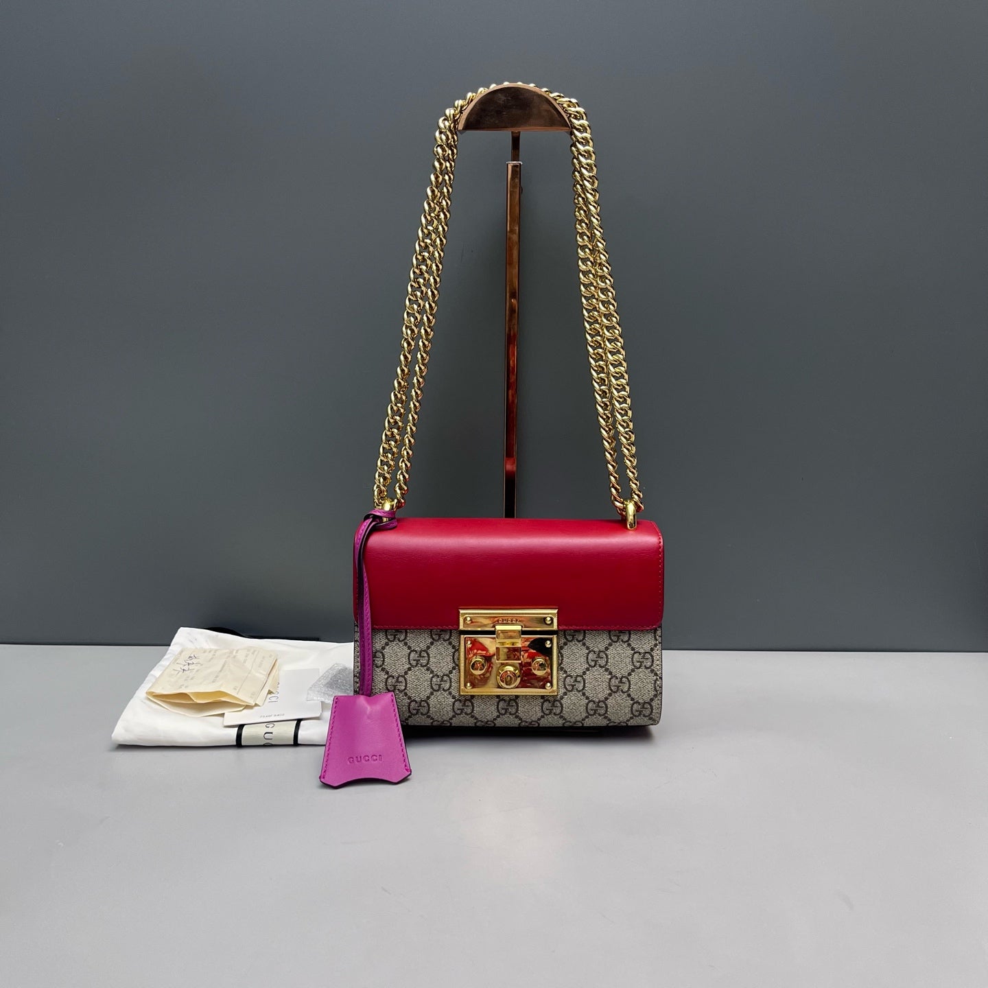 Gucci - Padlock Shoulder Bag - GG Supreme canvas with leather trim - Beige, Red, and Fuchsia - (small)