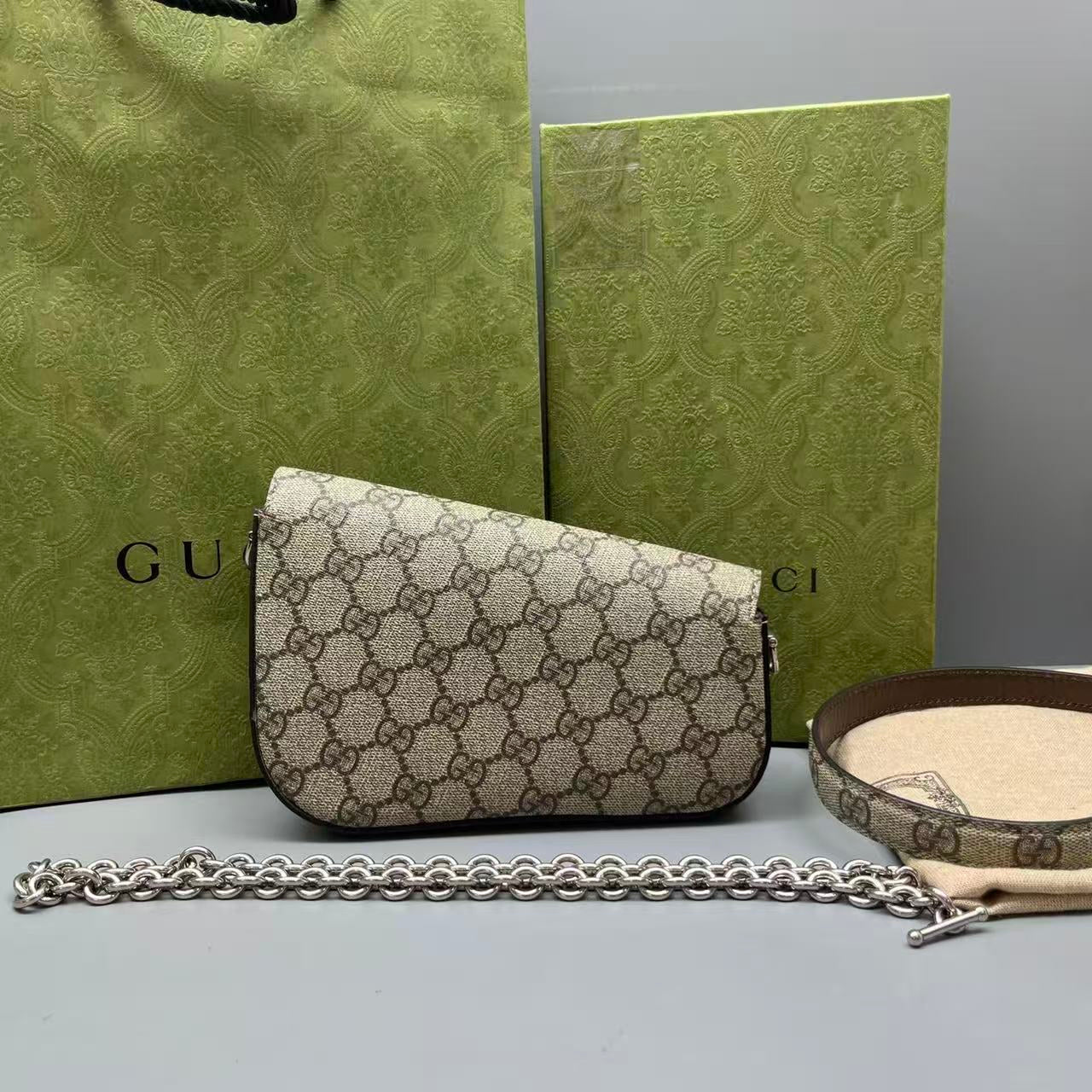 Gucci - Horsebit 1955 Chain Bag - GG Supreme canvas with leather trim - Beige - (mini)