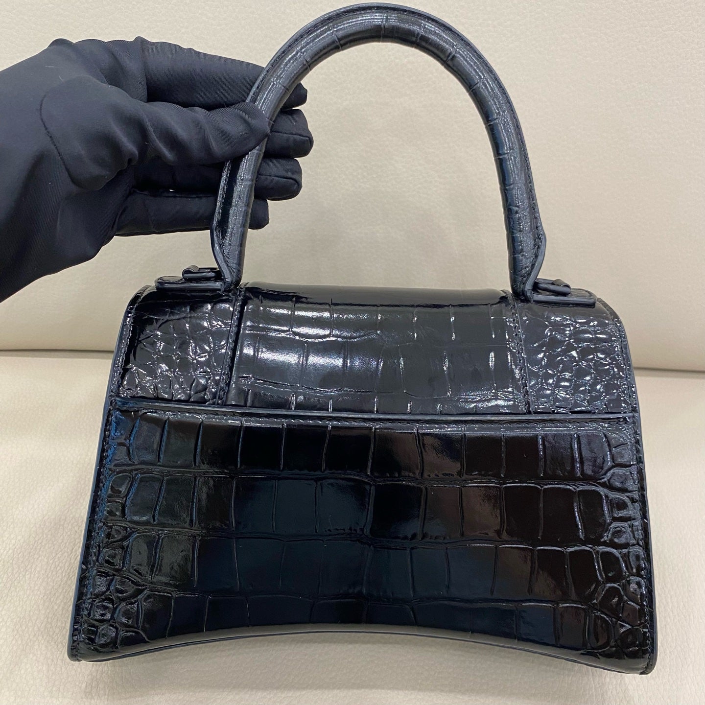 Balenciaga - Hourglass Bag - Crocodile embossed patent leather - Black - (small)