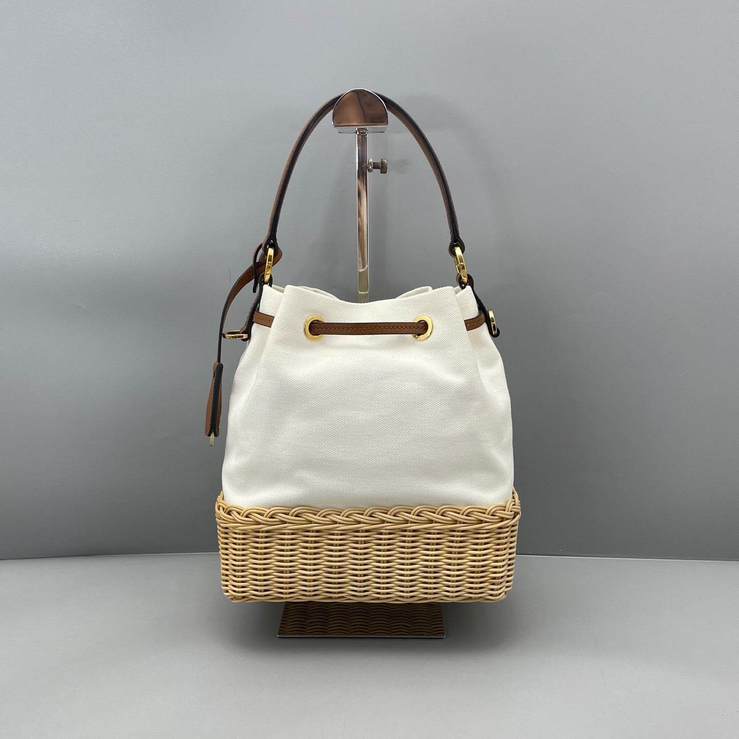 Prada - Rattan Canvas Bucket Bag - Canvas, Wicker, Saffiano Leather - White - (Medium)