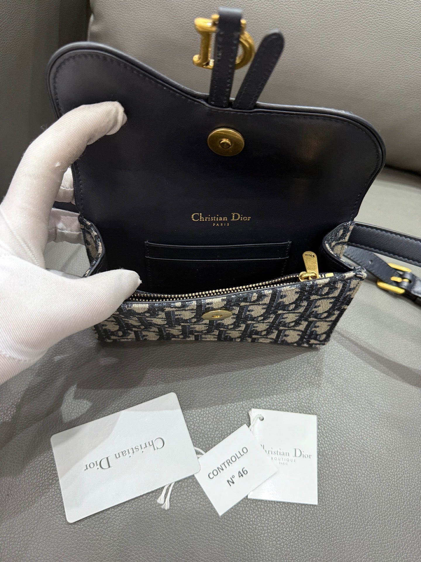 Dior - Saddle Belt Bag - Oblique embroidered canvas with leather trim - Navy - (mini)