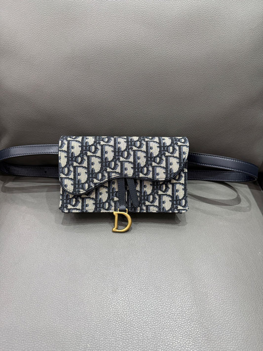 Dior - Saddle Belt Bag - Oblique embroidered canvas with leather trim - Navy - (mini)