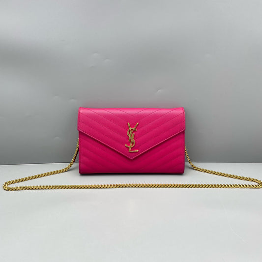 Saint Laurent - Envelope Chain Wallet (WOC) - Grained leather - Fuchsia Pink with Gold-Tone Hardware - (small)