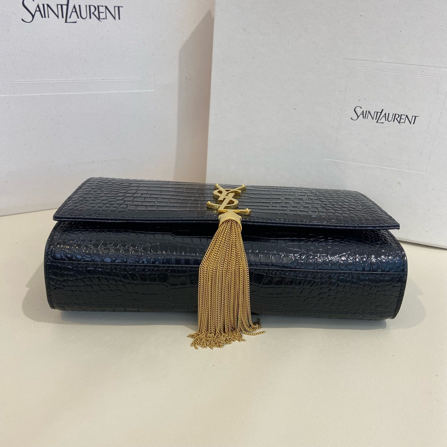 Saint Laurent - Kate Tassel Chain Bag - Cowhide leather with crocodile embossing - Black - (Medium)