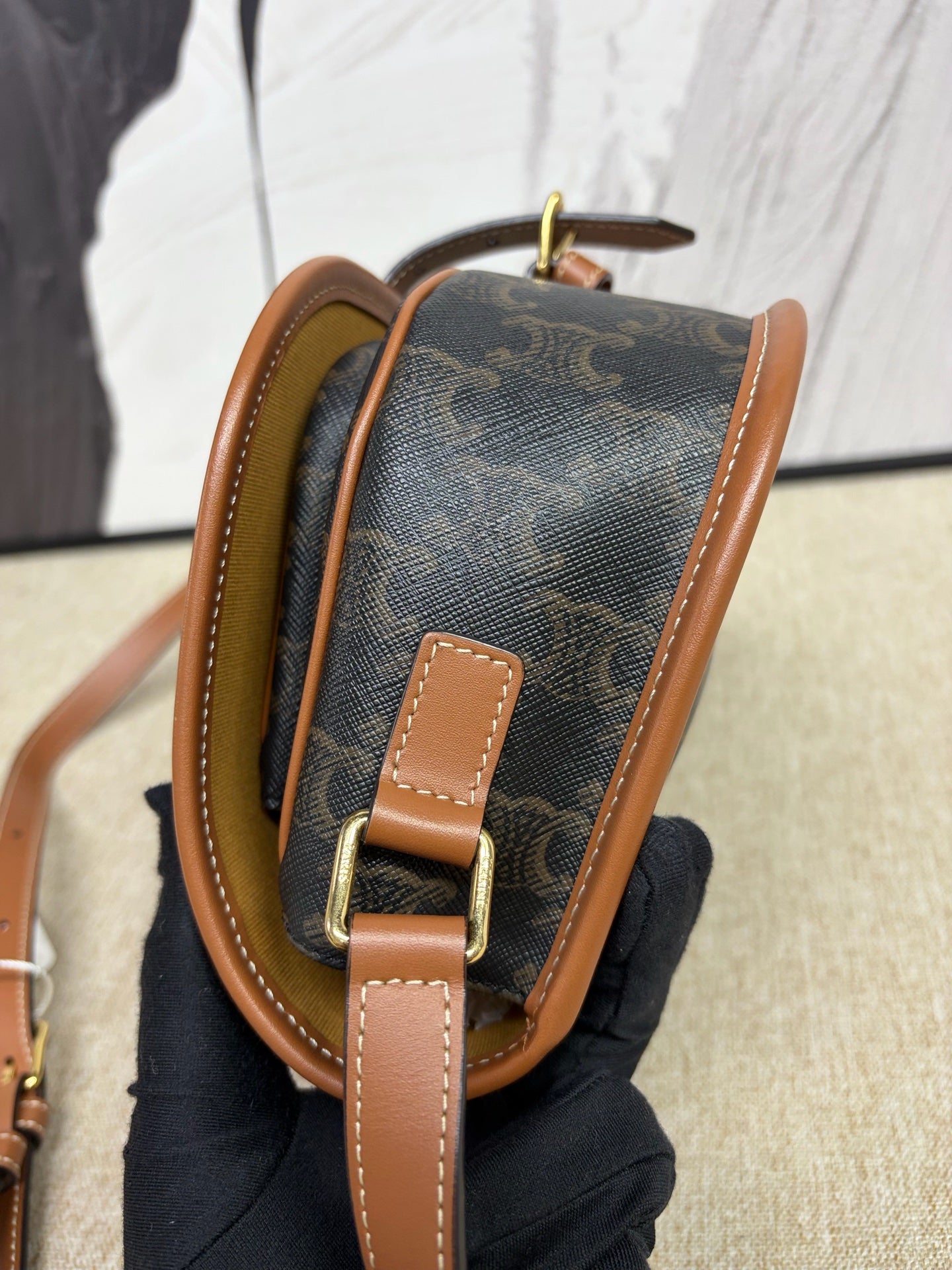 Celine - Triomphe Monogram Saddle Bag - Triomphe Canvas with Calfskin Leather Trim - Brown - (Small)