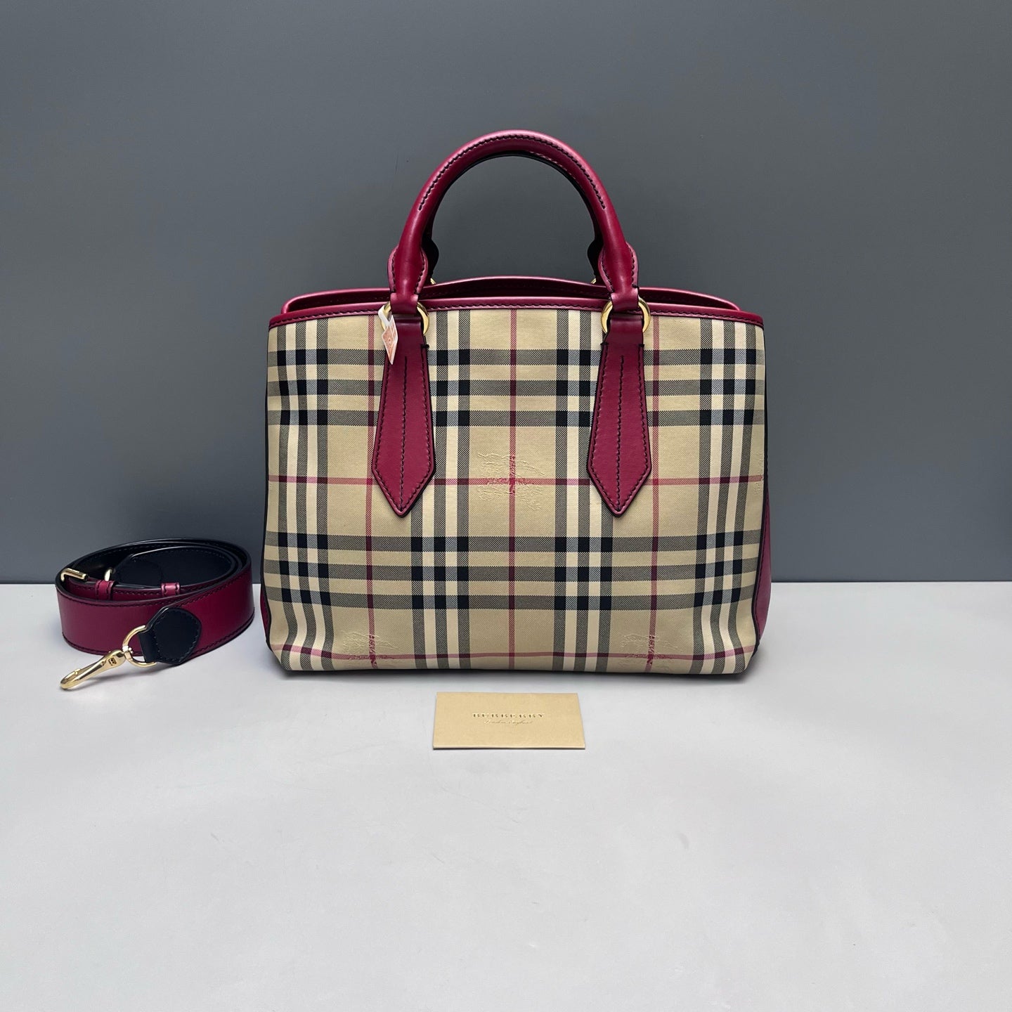 Burberry - Classic Check Tote Bag - Canvas and Leather - Beige with Burgundy Accents - (medium)