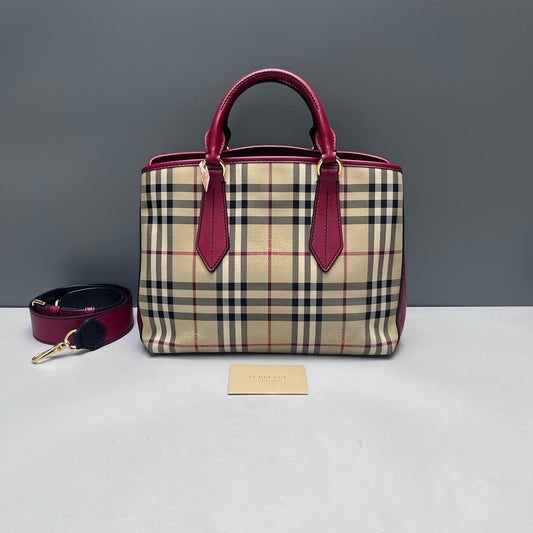 Burberry - Classic Check Tote Bag - Canvas and Leather - Beige with Burgundy Accents - (medium)