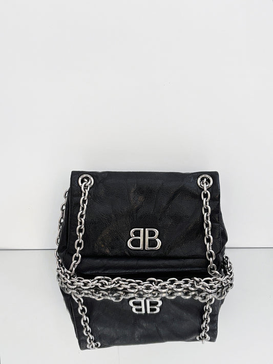 Balenciaga - Monaco BB Flap Bag - Grained calfskin leather - Black - (mini)