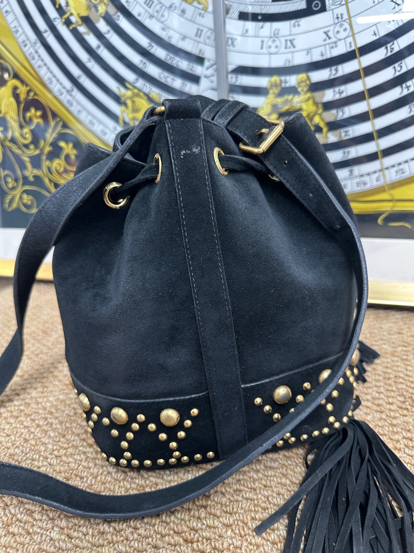 Saint Laurent - Fringed Studded Bucket Bag - Suede - Black - (Small)