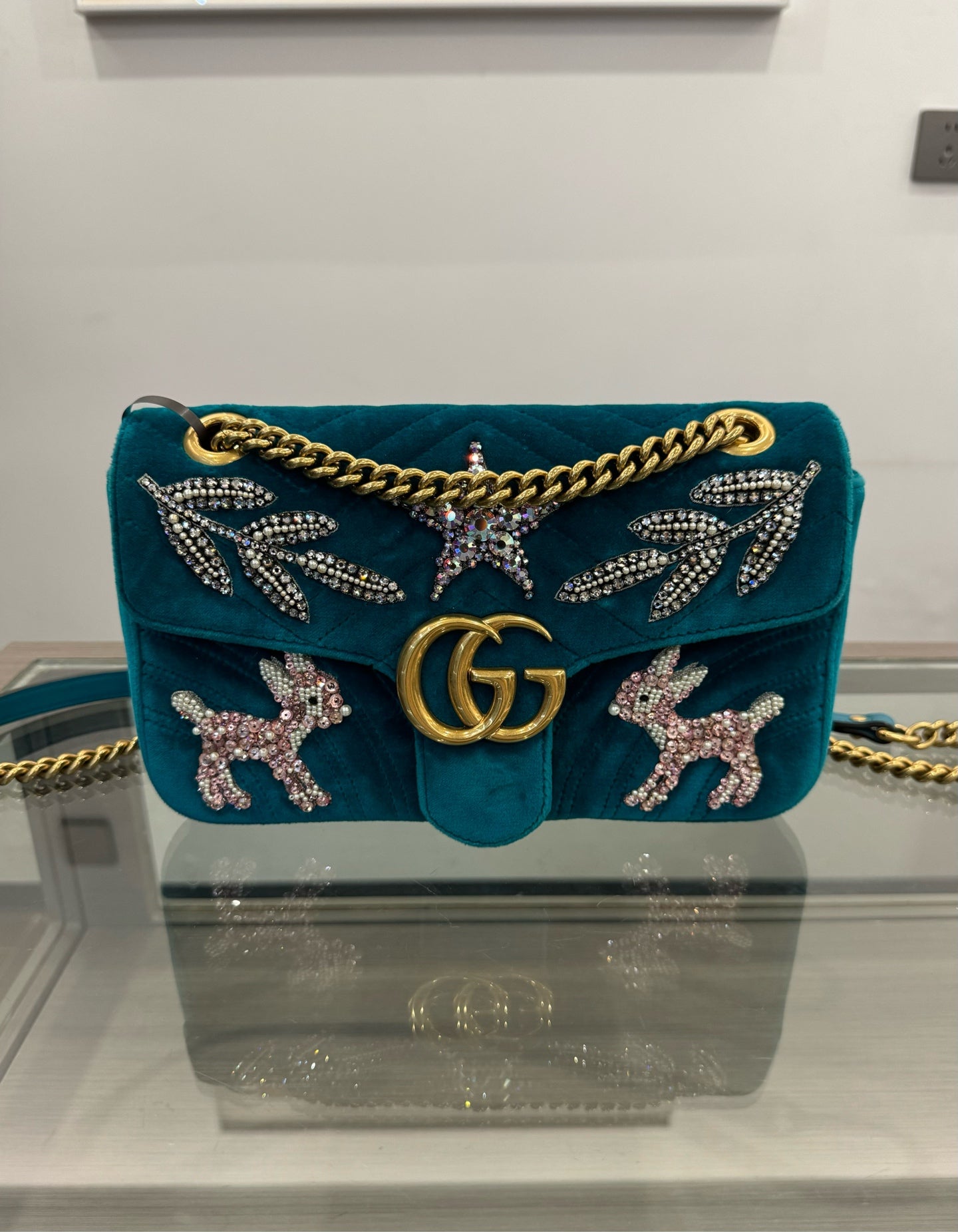 Gucci - Marmont Limited Edition - Velvet with rhinestone and pearl embellishments - Peacock Blue - (Small)