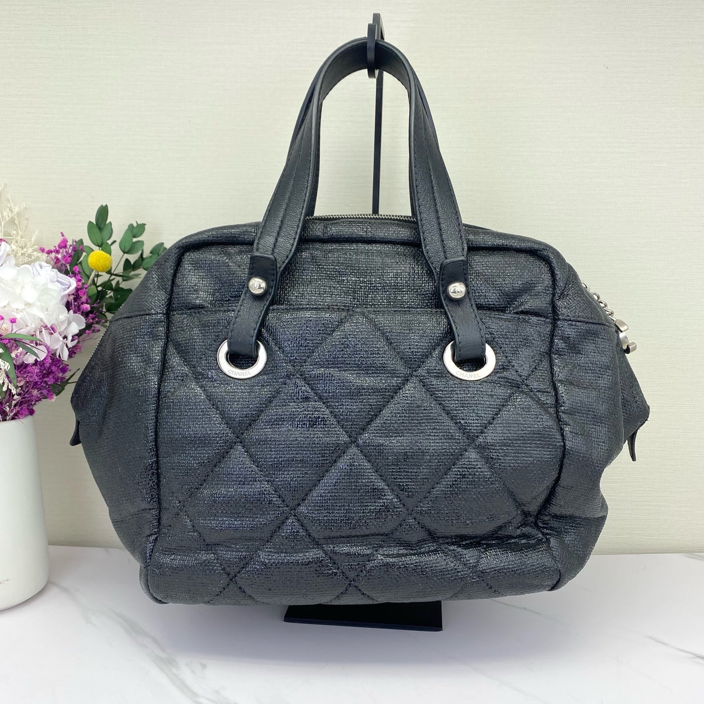 Chanel - Biarritz Boston Bag - Textured coated fabric - Black - (Medium)