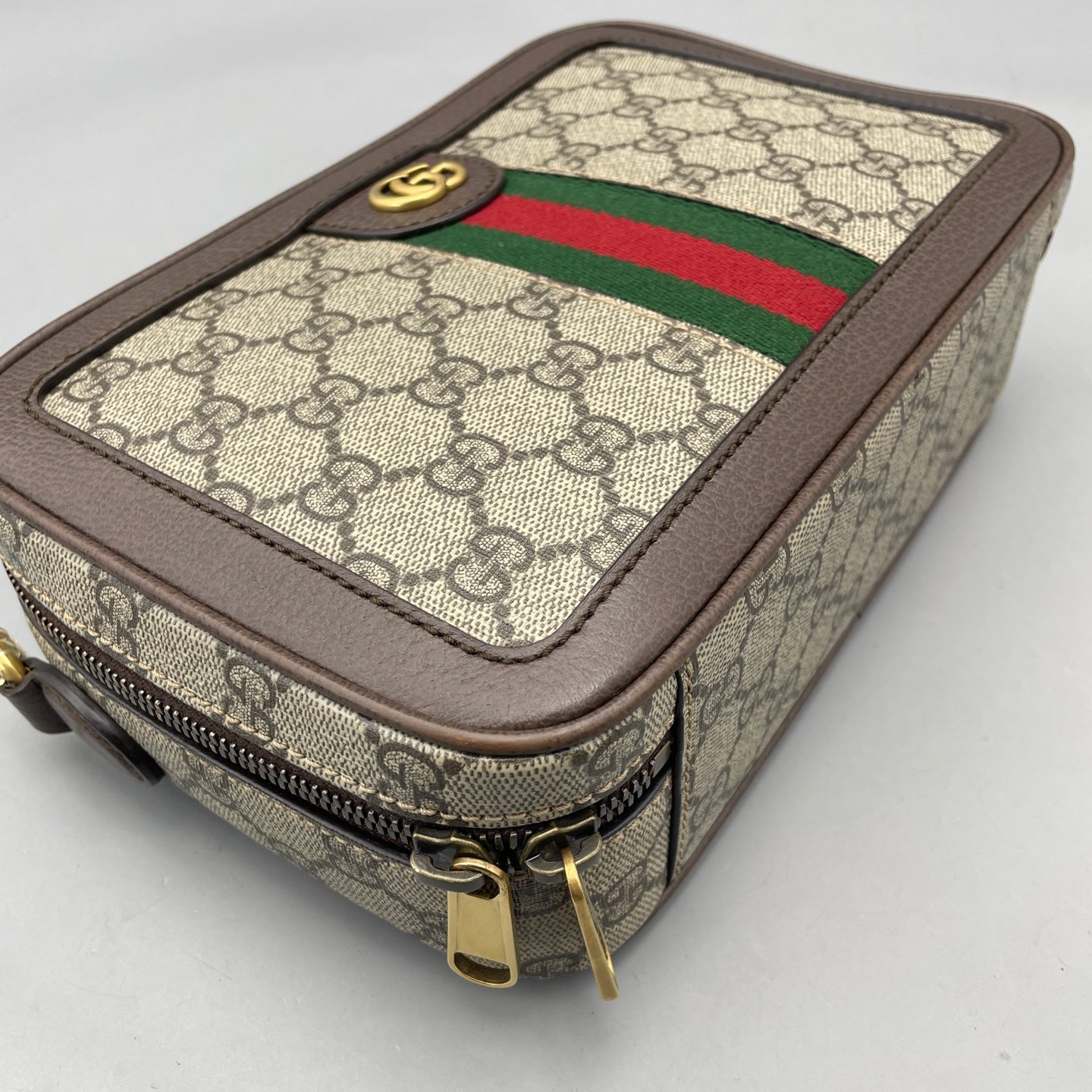 Gucci - Ophidia GG Small Bag - GG Supreme canvas with leather trim - Beige with brown accents, red and green web stripe - (small)